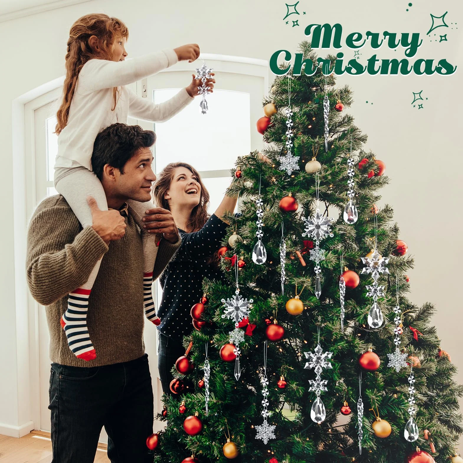 Kiiwah 16 Piezas Adornos de Cristal Decoración Árbol Navidad, Gotas Copo Nieve Acrílico Colgante Carámbano Hogar Ventana