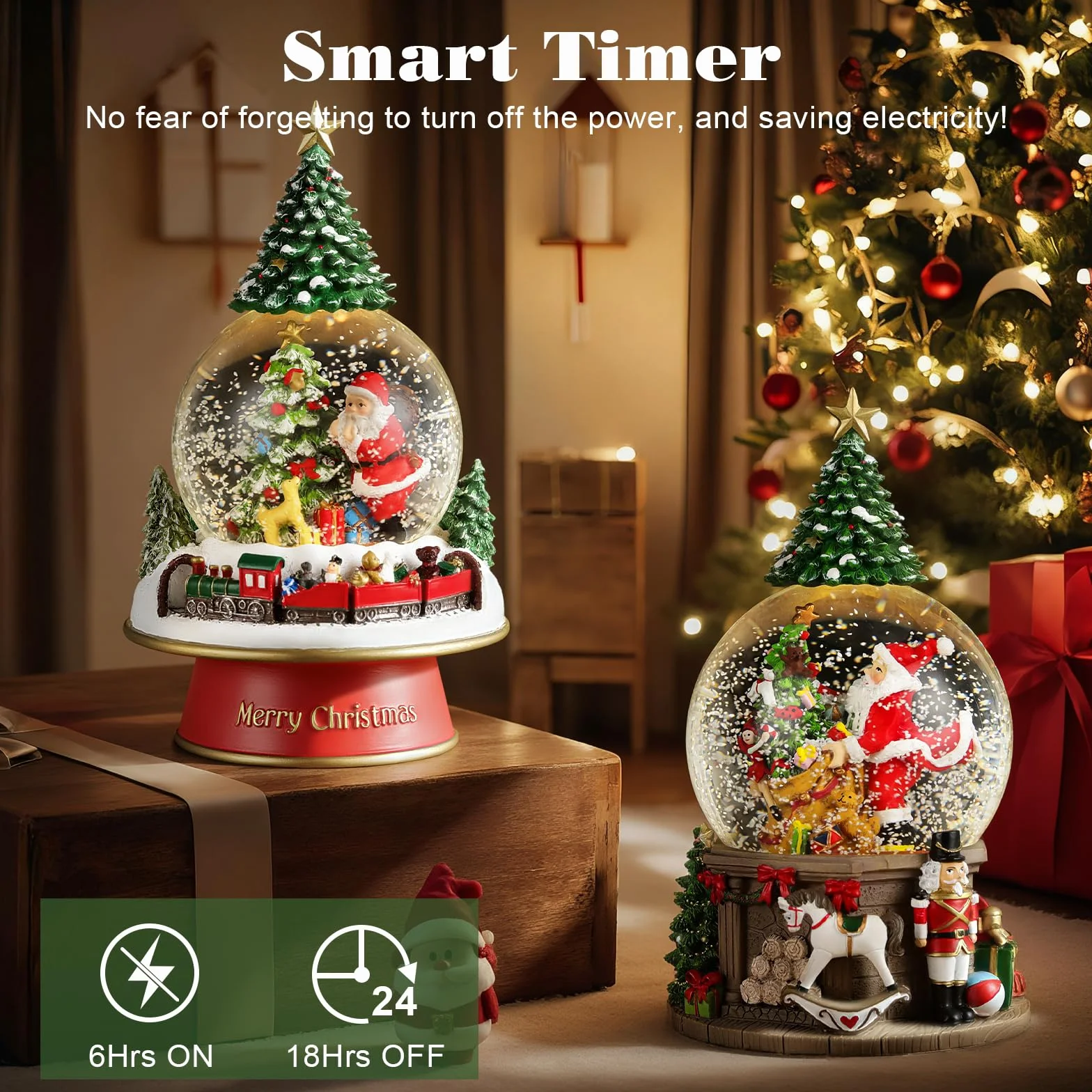 Lewondr Globo de Nieve Navideño, Caja de Música Eléctrica Reno con Chimenea y Papá Noel, Decoración de Navidad