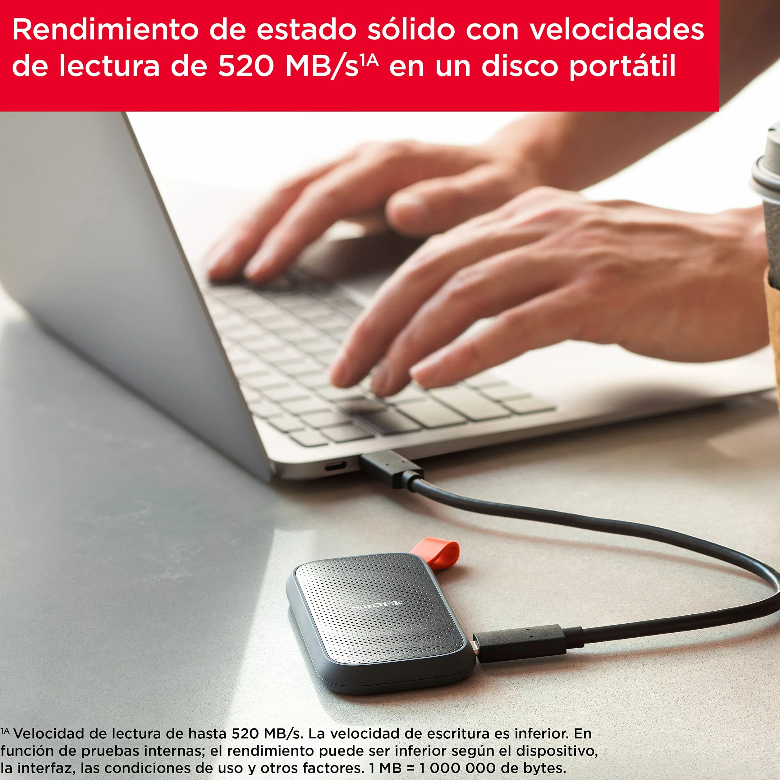 SanDisk SSD Externo Portátil 480 GB (Disco duro externo SSD con velodidad de lectura de hasta 520 MB/s, con protección contra caídas de hasta dos metros, resistente gancho de goma)