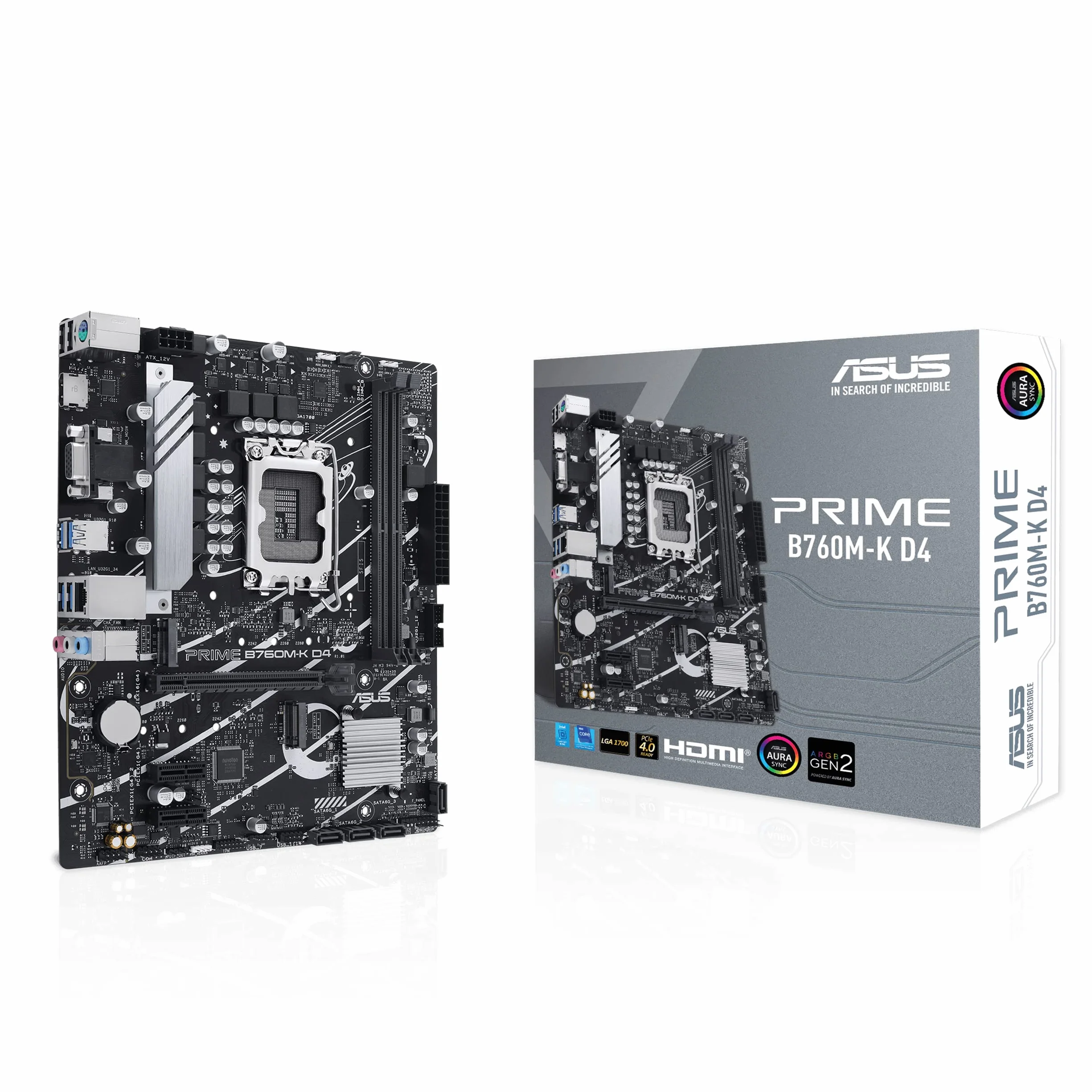 ASUS Prime B760M-K D4 Intel® B760 (LGA 1700) (13ª y 12ª generación) Placa Base mATX, PCIe 4.0, Dos Ranuras PCIe 4.0 M.2, DDR4, Realtek 2.5Gb Ethernet, HDMI®, SATA 6 Gbps, USB Frontal 3.2 Gen 1, Aura