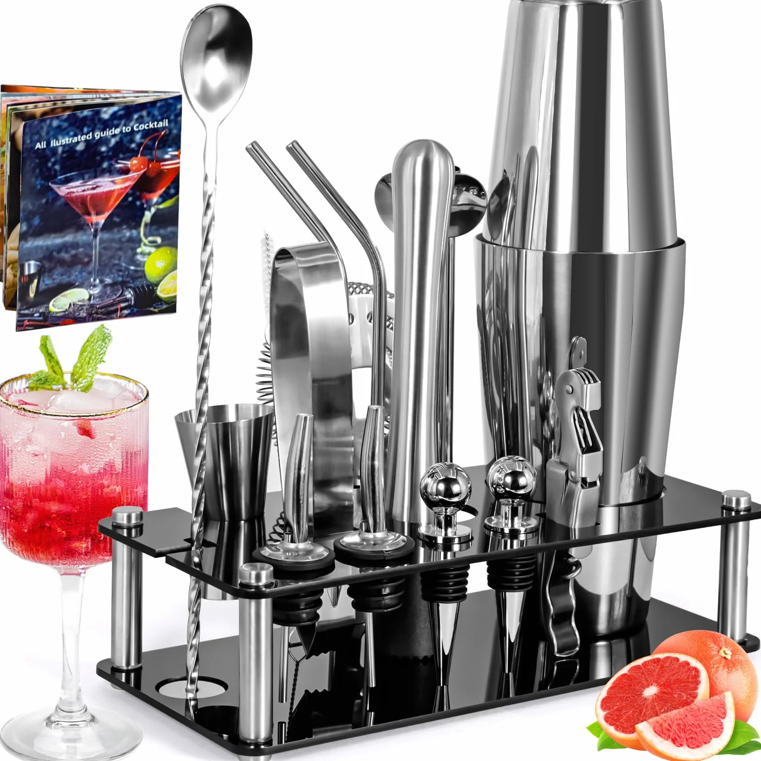 Set de Coctelera 18 Piezas de Acero Inoxidable Profesional con Soporte y Libro de Recetas