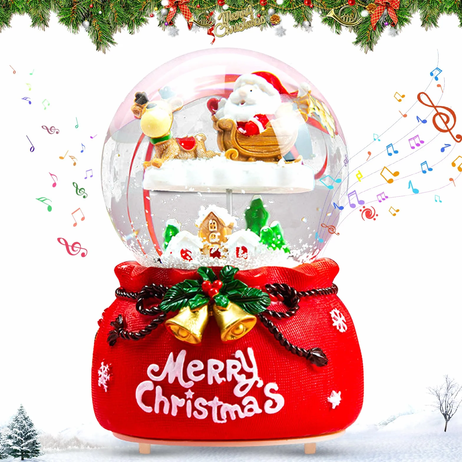 Bola de Nieve Navidad Papá Noel Renos Ø 8,5x13,5cm Música Luces Cristal Decoración