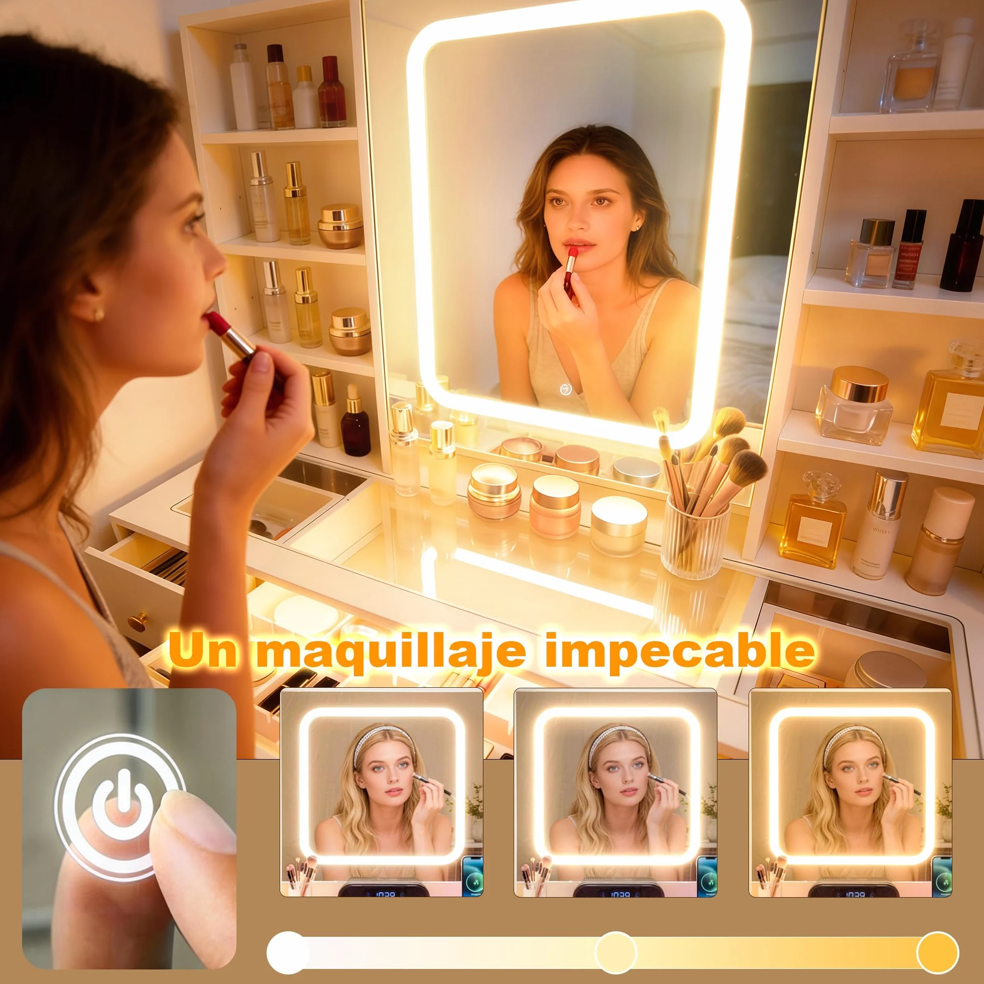Tocador de Maquillaje con Luces LED Ajustables, Mesa con Espejo, 9 Cajones, 7 Estantes, Soporte para Secador, Blanco