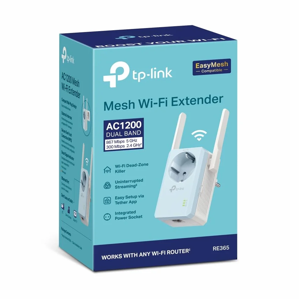 [Nuevo] TP-Link Repetidor Wi-Fi RE365 V3 AC1200 con Conector Integrado, WiFi Extender y Punto de Acceso, Dual Band, Puerto LAN, Aumenta tu Cobertura Wi-Fi, Compatible con Todos los módems Router WiFi