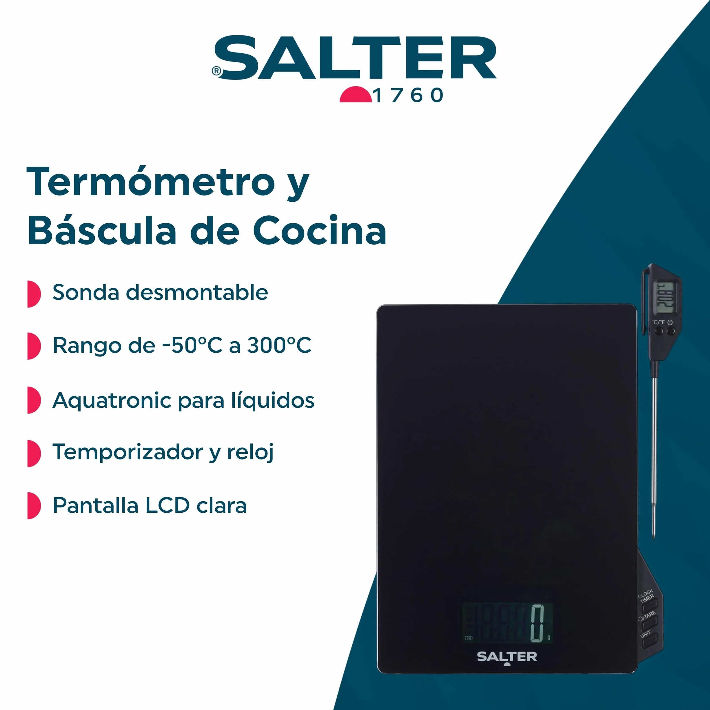 Salter termómetro Aquatronic con temporizador y reloj, sonda desmontable, hasta 5 kg, LCD, Celsius/Fahrenheit