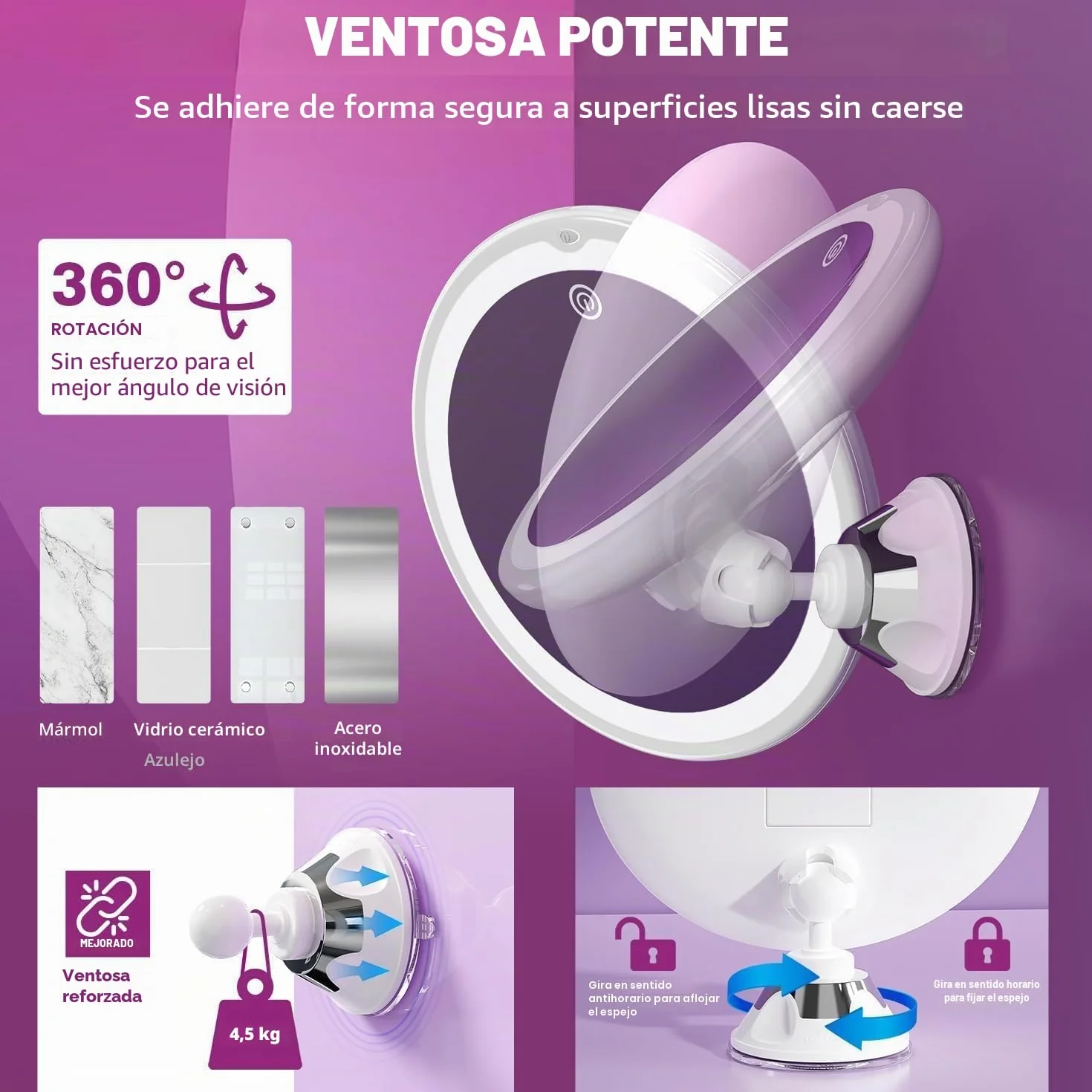 Auxmir Espejo Maquillaje LED 30X Aumento Ventosa Fuerte Brillo Regulable Giratorio 360° Portátil Blanco Redondo