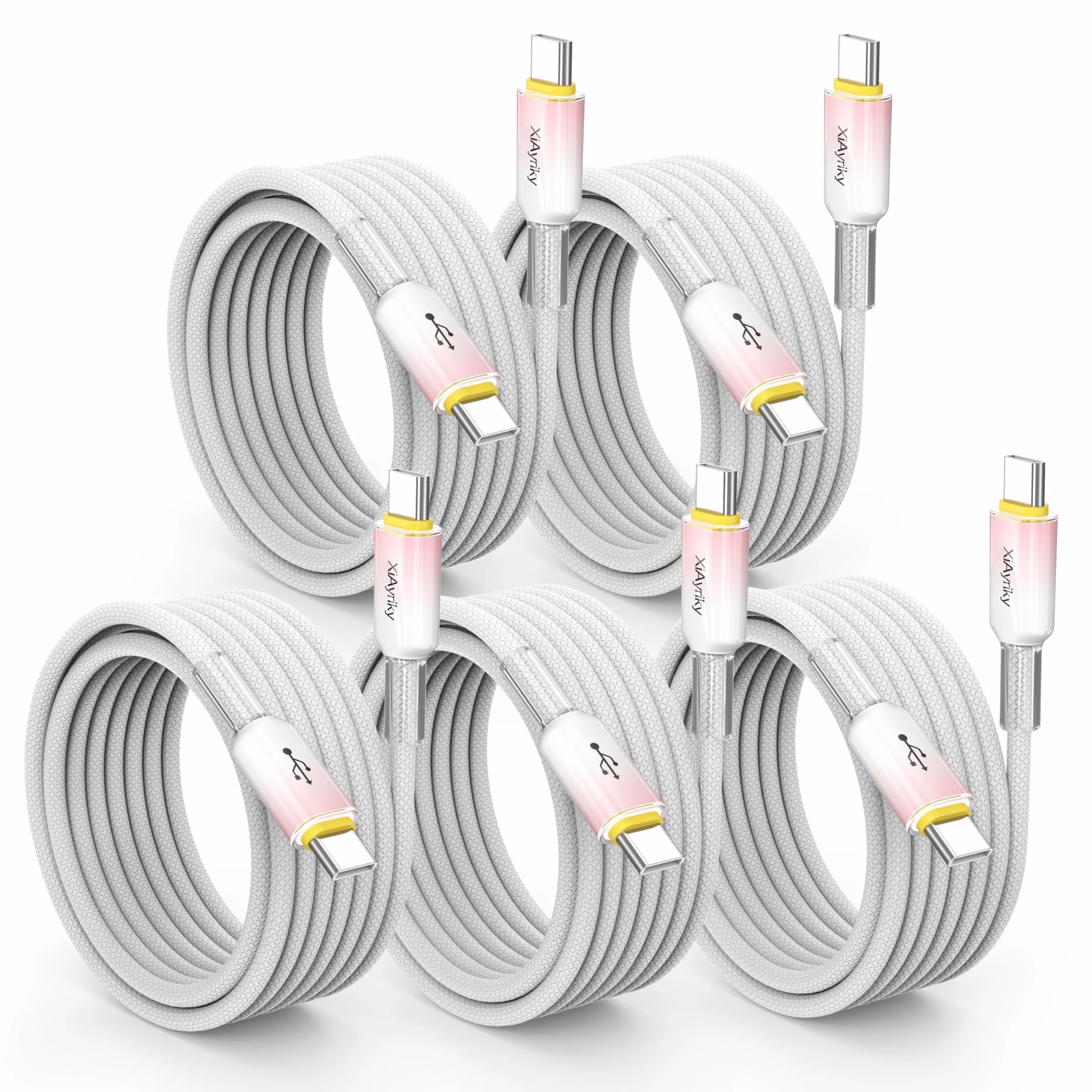 Paquete de 5 cables USB C de 15 pies, carga rápida de 60 W y transferencia de datos USB 2.0 de 480 Mbps, cable USB C trenzado blanco y rosa, cable tipo C para iPhone 17/16/15, Samsung Galaxy S25/24