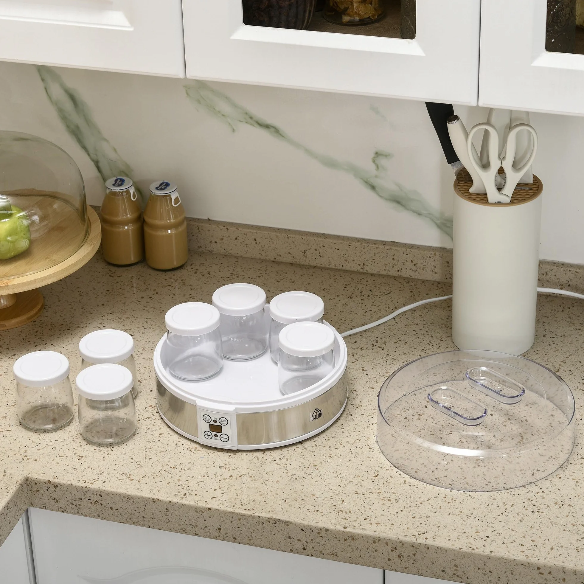 HOMCOM Máquina de Yogur 1,26L 20W 7 Tarros de Cristal 180ml Termostato Ajustable Temporizador Pantalla LED 24x24x13 cm Blanco