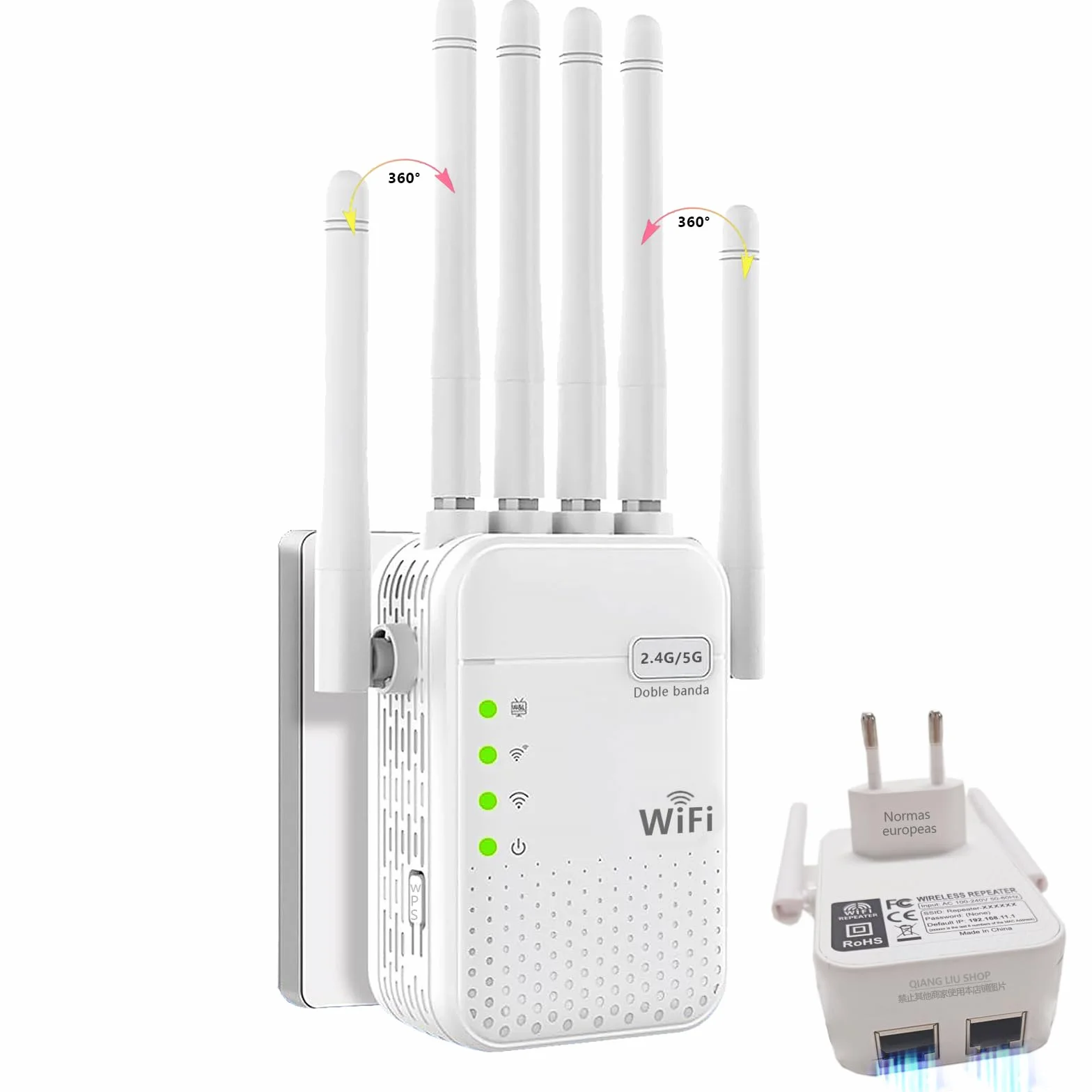 Repetidor WiFi Mejorado AC1200M (5+2,4 GHz) de Doble Banda, 6 Antenas y 2 Puertos Gigabit; Compatible con los Modos Ap y repetidor; Compatible con WPS; Enchufe de la UE; para el hogar y la Oficina