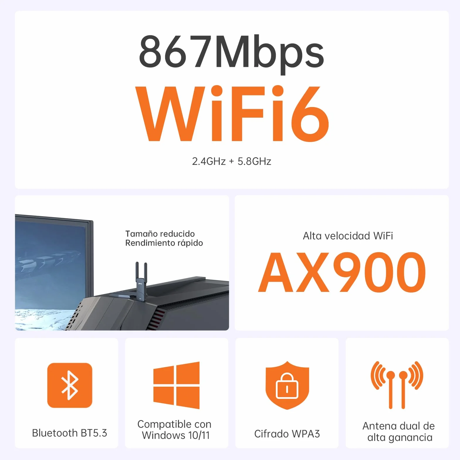 2 en 1 Adaptador WiFi 6 AX900 + BT5.4 Bluetooth USB WiFi para PC, Doble Banda 5 GHz/2,4 GHz Antena WiFi, Controlador Integrado para Windows 10/11, Seguridad WPA3(Gris Claro)