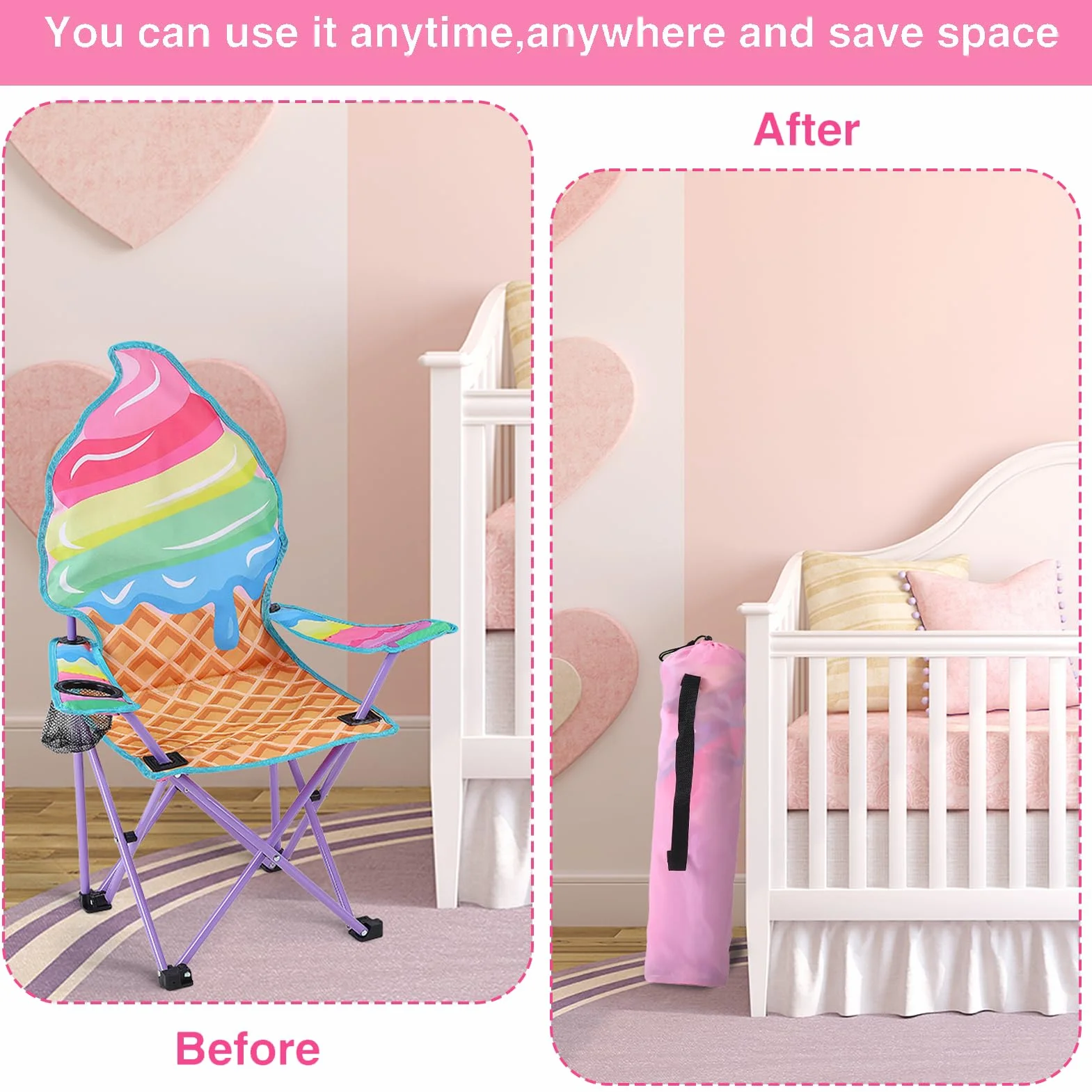 Silla de Camping Infantil Plegable Unicornio Mariposa con Soporte para Bebidas