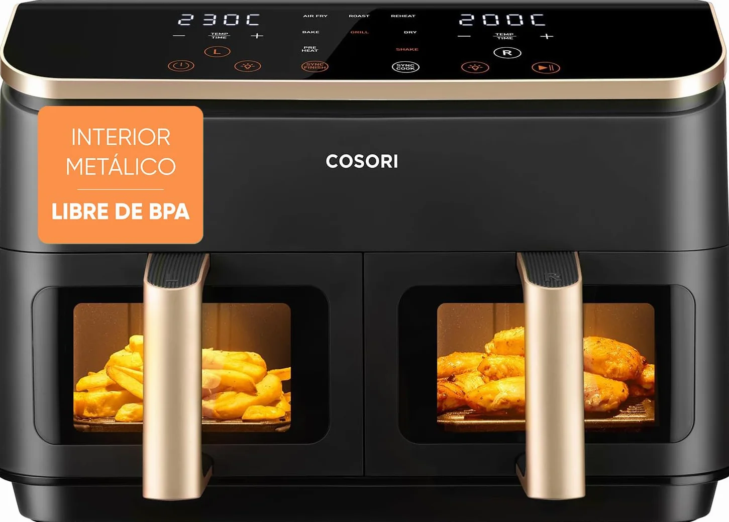 Cosori Freidora de Aire Grande 8,5 Litros Doble Cesta con Ventana Multifunción 10 en 1 Alta Potencia Bajo Ruido