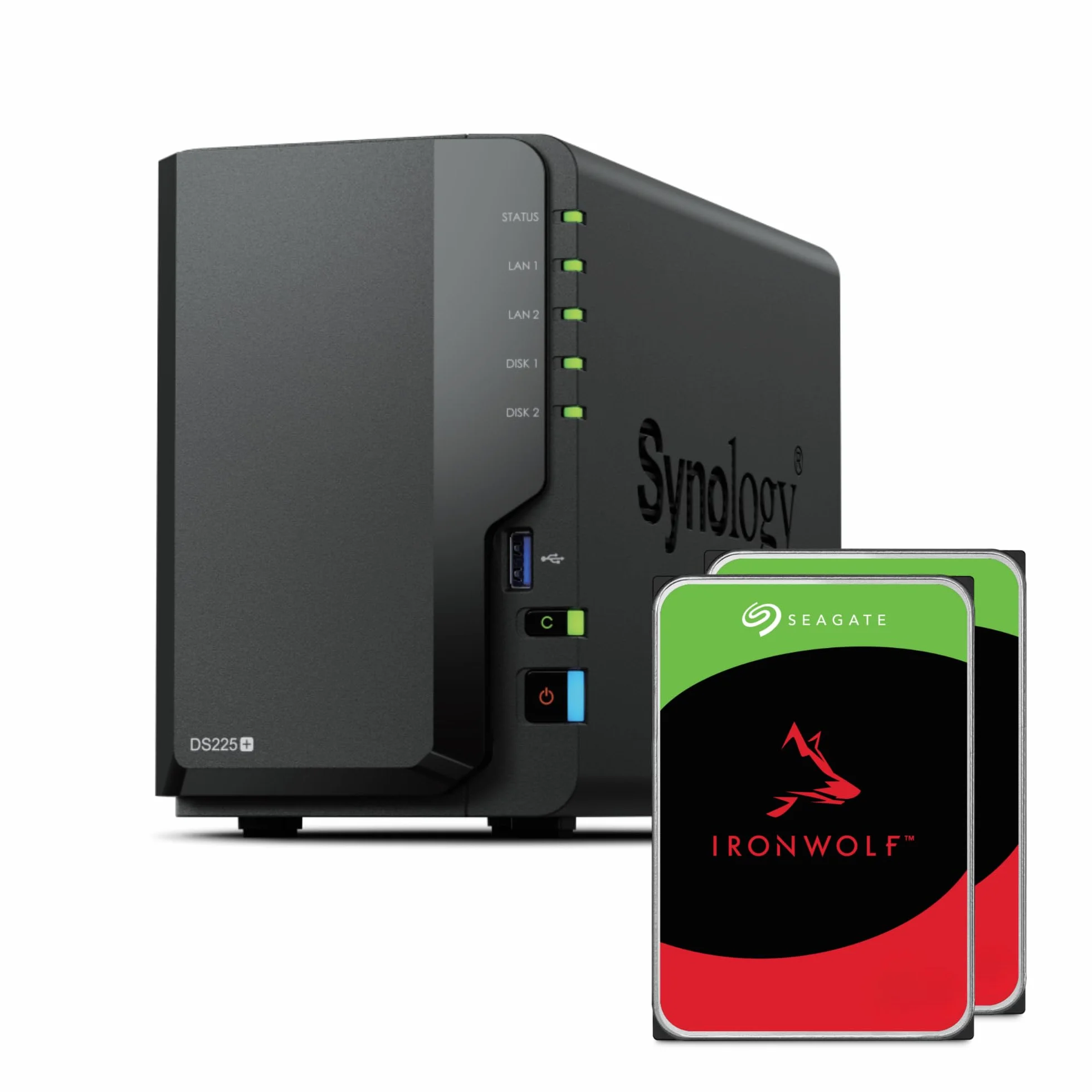 Synology DS225+ 8TB (Seagate Ironwolf 2x4TB) 2-Bay Plus Serie - Intel Celeron J4125 Quad-Core, 2 GB DDR4 SODIMM no ECC, 1 x 2,5 GbE y 1 puerto LAN RJ-45 de 1 GbE