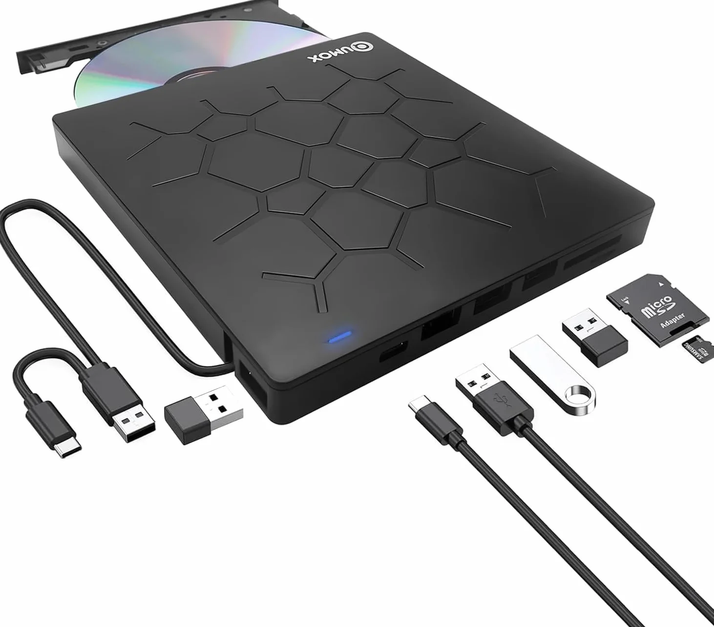 QUMOX Reproductor externo de DVD/CD USB 3.0 con 4 puertos USB y lector de tarjetas TF/SD, compatible con Windows/Mac/Linux