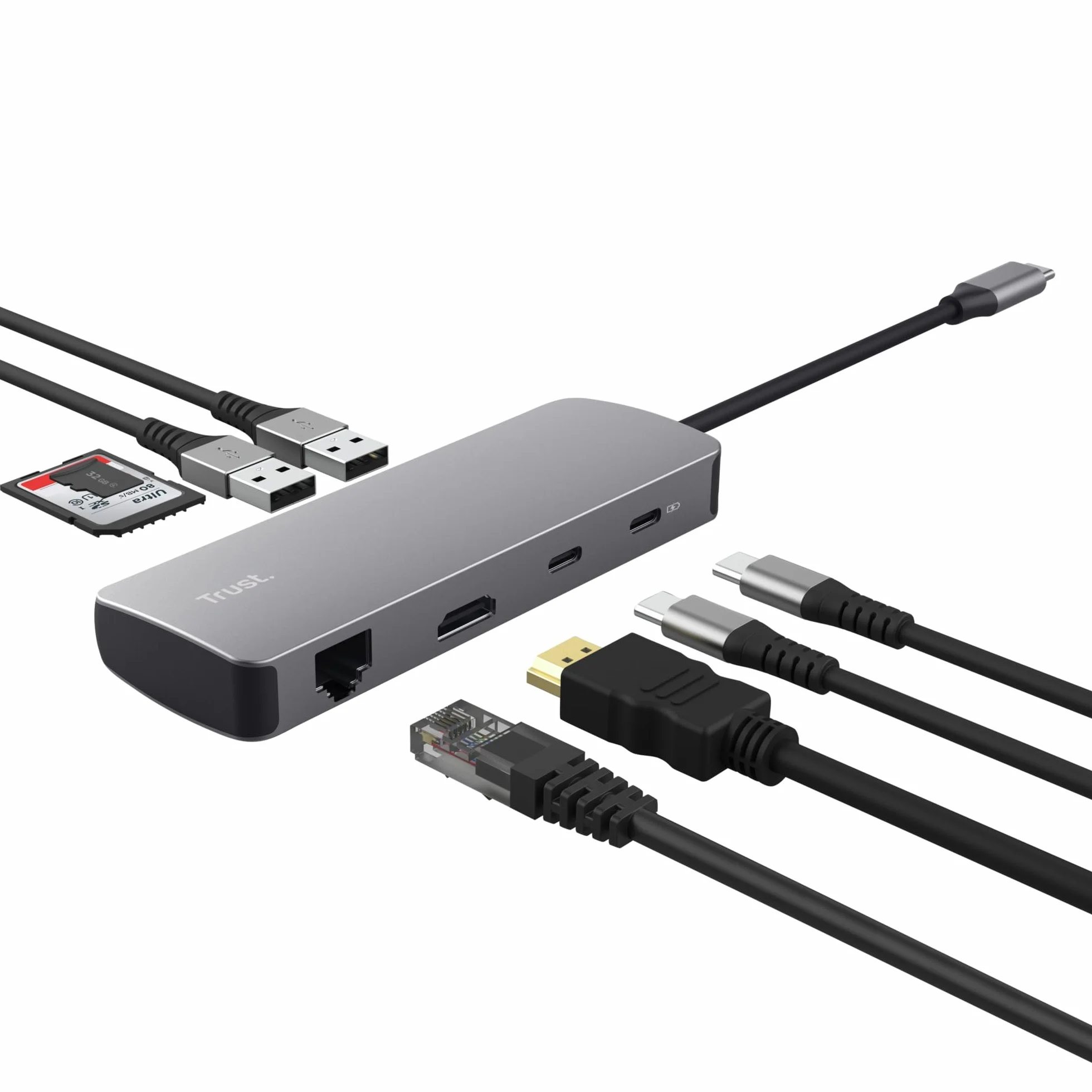 Trust Vylor Hub USB C 8-in-1 Adaptador HDMI 4K a 60Hz, Gigabit Ethernet, Lector de Tarjetas SD/MicroSD, USB-C USB-A, Puerto de Carga 100W, Docking Station PC Computadora Portátil DELL HP MacBook