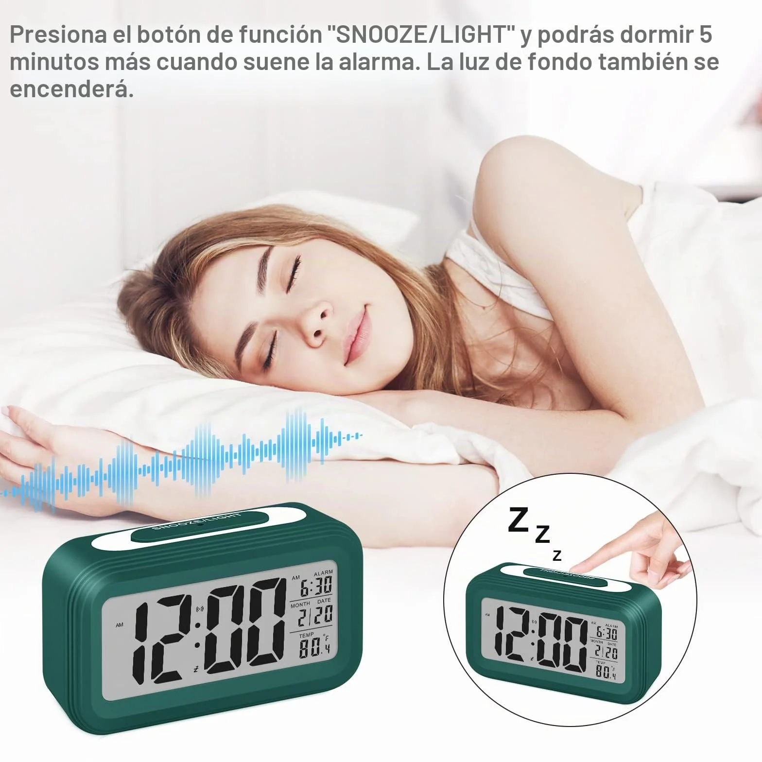 Despertador Digital Silencioso Inteligente a Baterías con LED Luminoso Función Snooze Fecha Temperatura Verde Oscuro