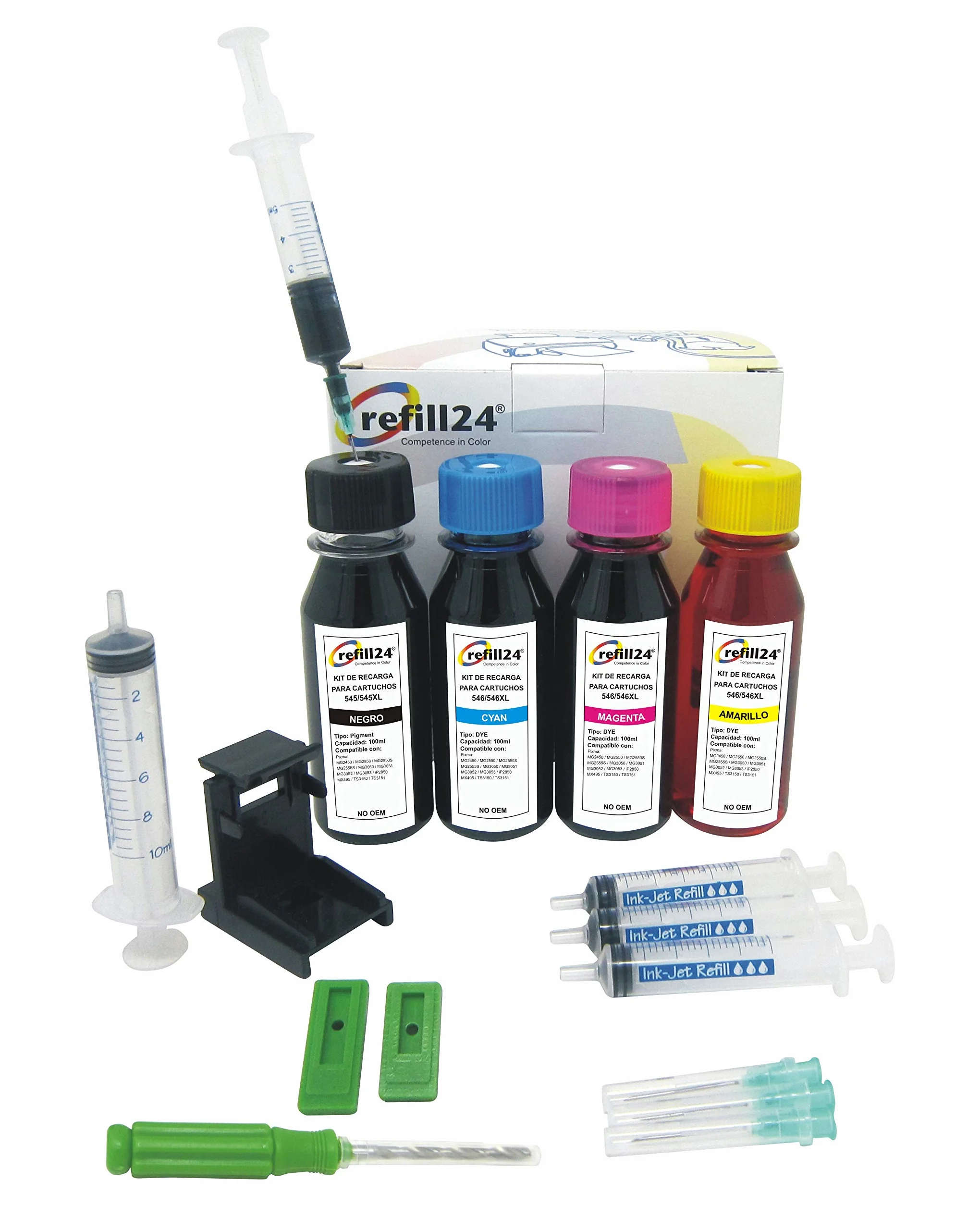 refill24 Kit de Recarga Compatible para Cartuchos de Tinta Canon 545, 546, 545 XL, 546 XL Negro y Color, Incluye Clip y Accesorios + 400 ML Tinta