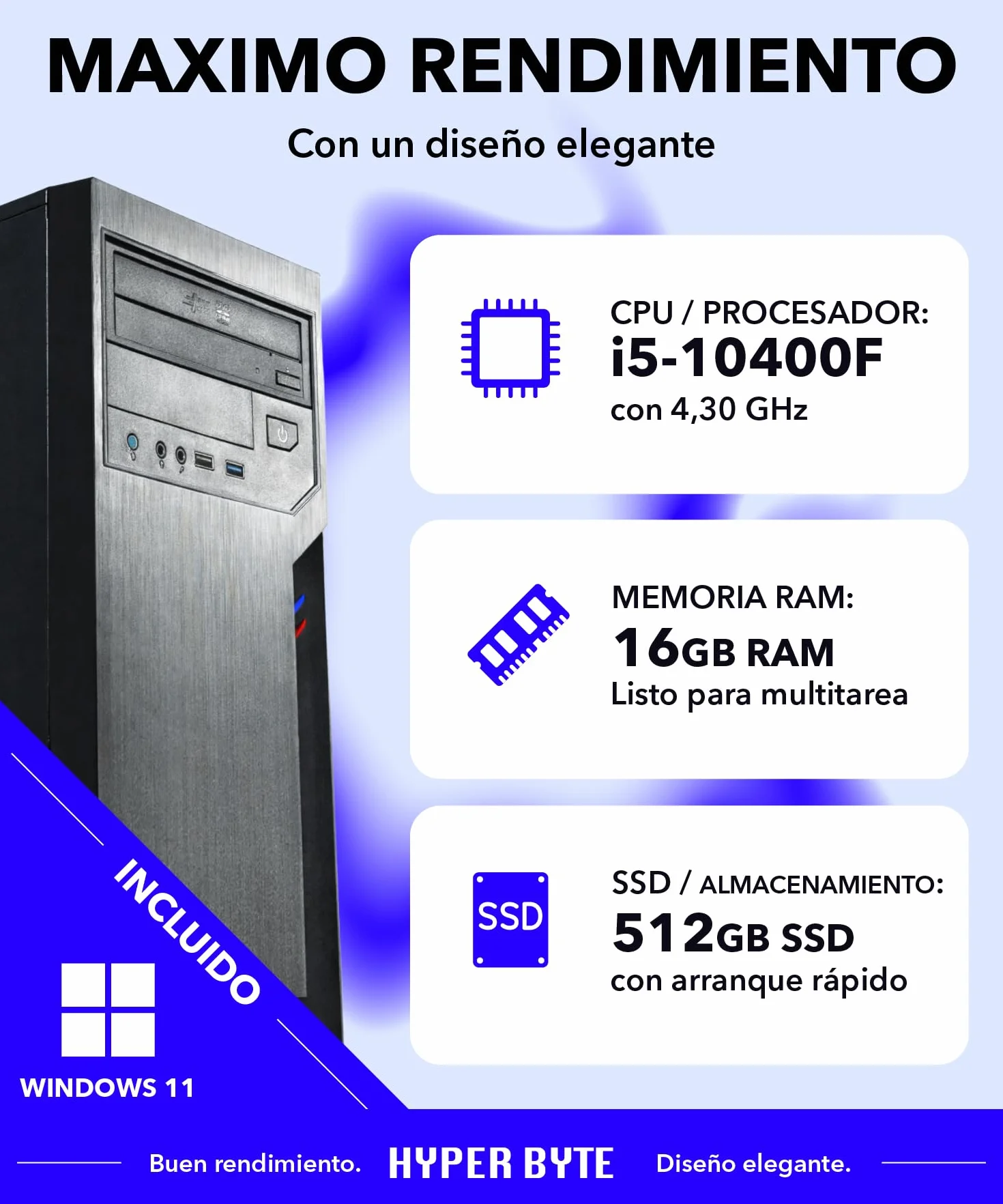 Hyper Byte® Ultra Office PC - Ordenador de gama alta con procesador Inte Core i5-10400F - NVIDIA GT730 a 4,4 GHz - 16 GB de RAM - 512 GB de SSD + Windows 11 Pro WLAN - Potente PC torre para la oficina