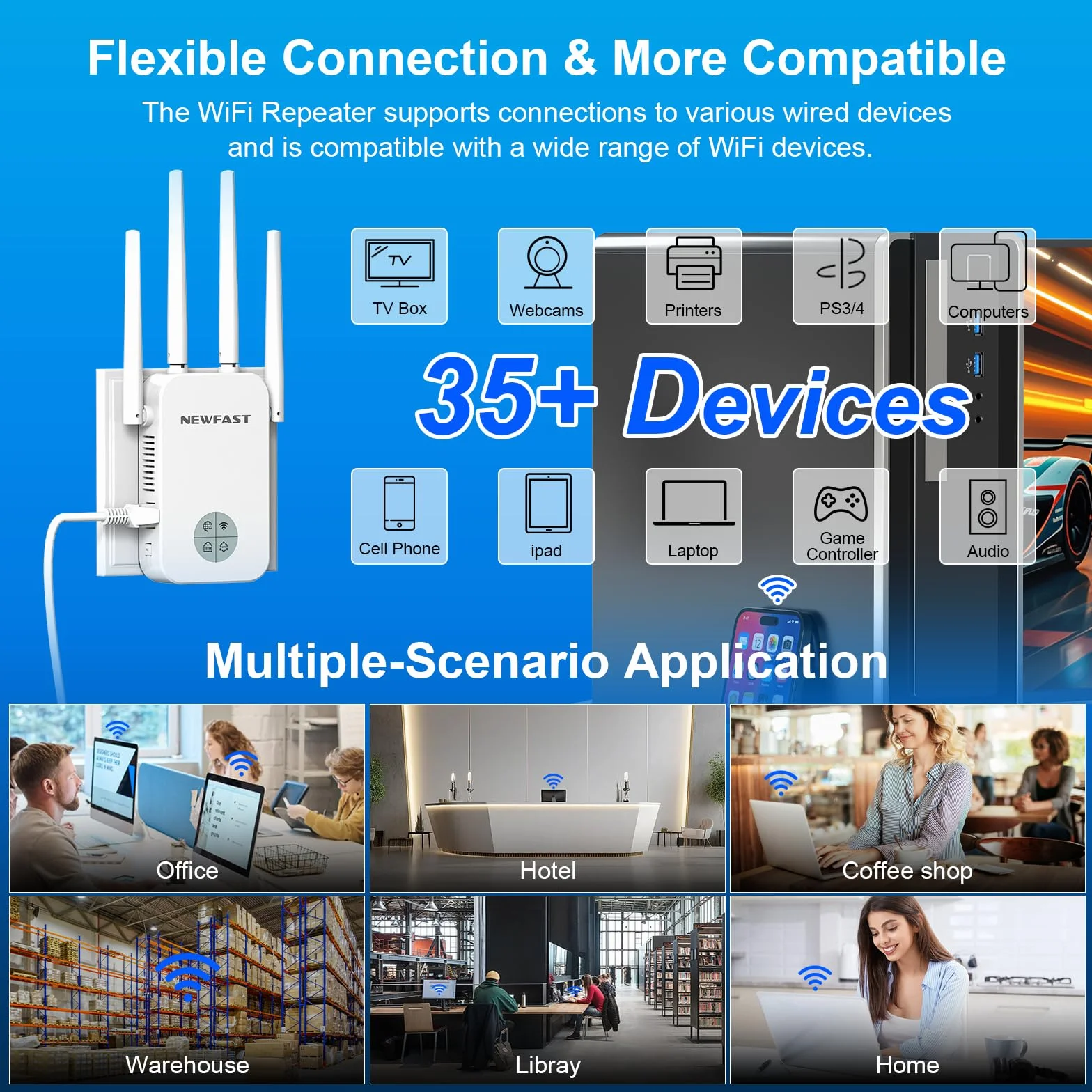 NEWFAST Repetidor WiFi Amplificador Señal WiFi 1200Mbps 5GHz Extensor Wi-Fi para Casa/Oficina, AC1200 Wi-Fi Extender Doble Banda 4X Antenas de Alta Ganancia, Puerto Ethernet, 5 Modos, WPA/WPA2