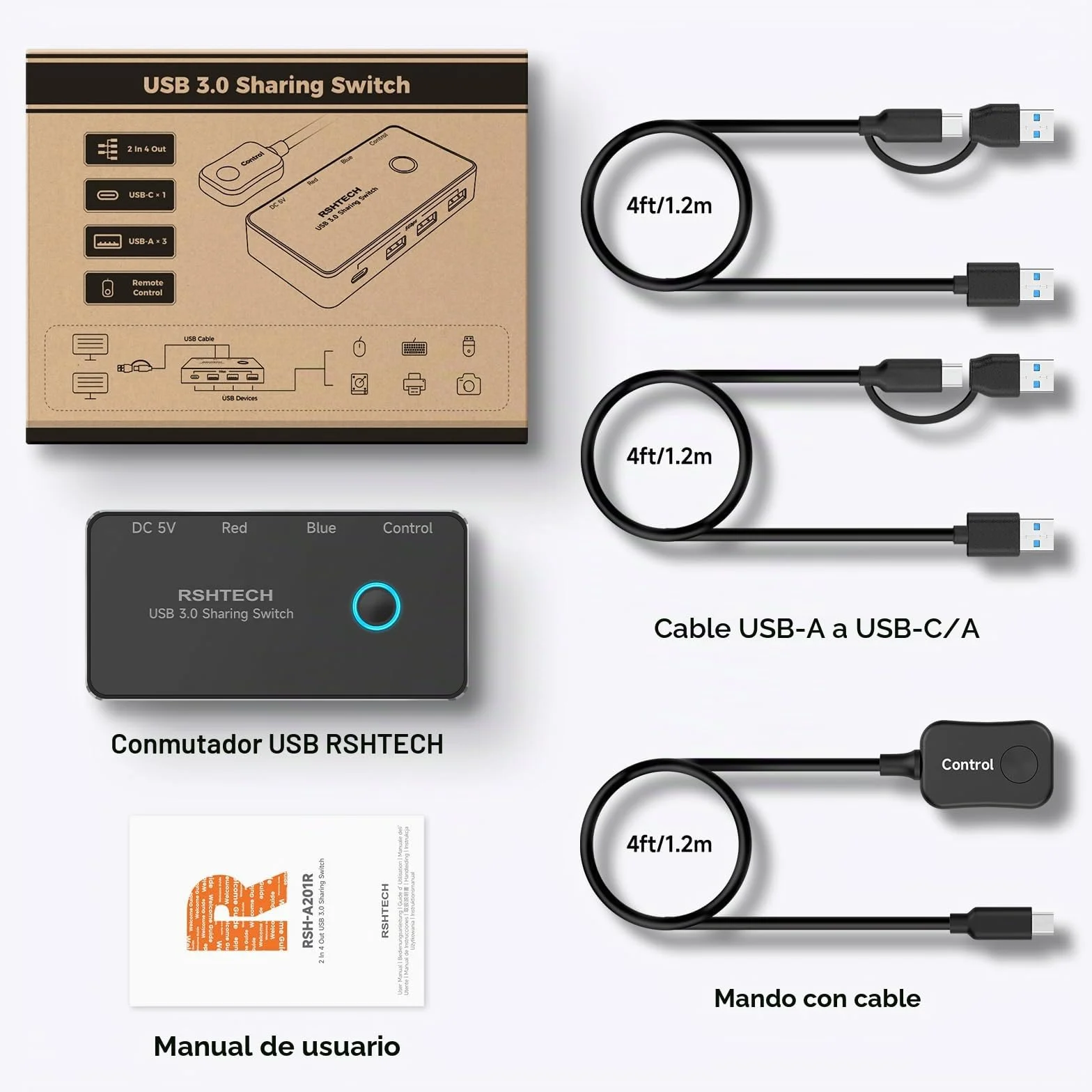 RSHTECH Switch USB 3.0/USB-C para 2 Computadoras Que Comparten 4 Puertos de Datos USB 3.0 (1C+3A), Selector Conmutador USB con 2 Cables y Control Remoto para PC, Portátil, Teclado, Ratón e Impresora