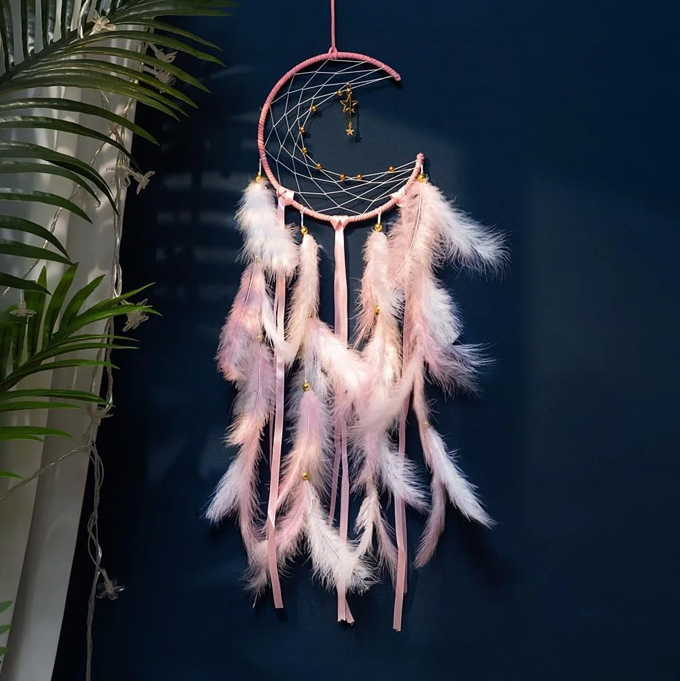 Atrapasueños rosa luna colgantes estrella borlas cinta plumas 2 colores decoración hogar