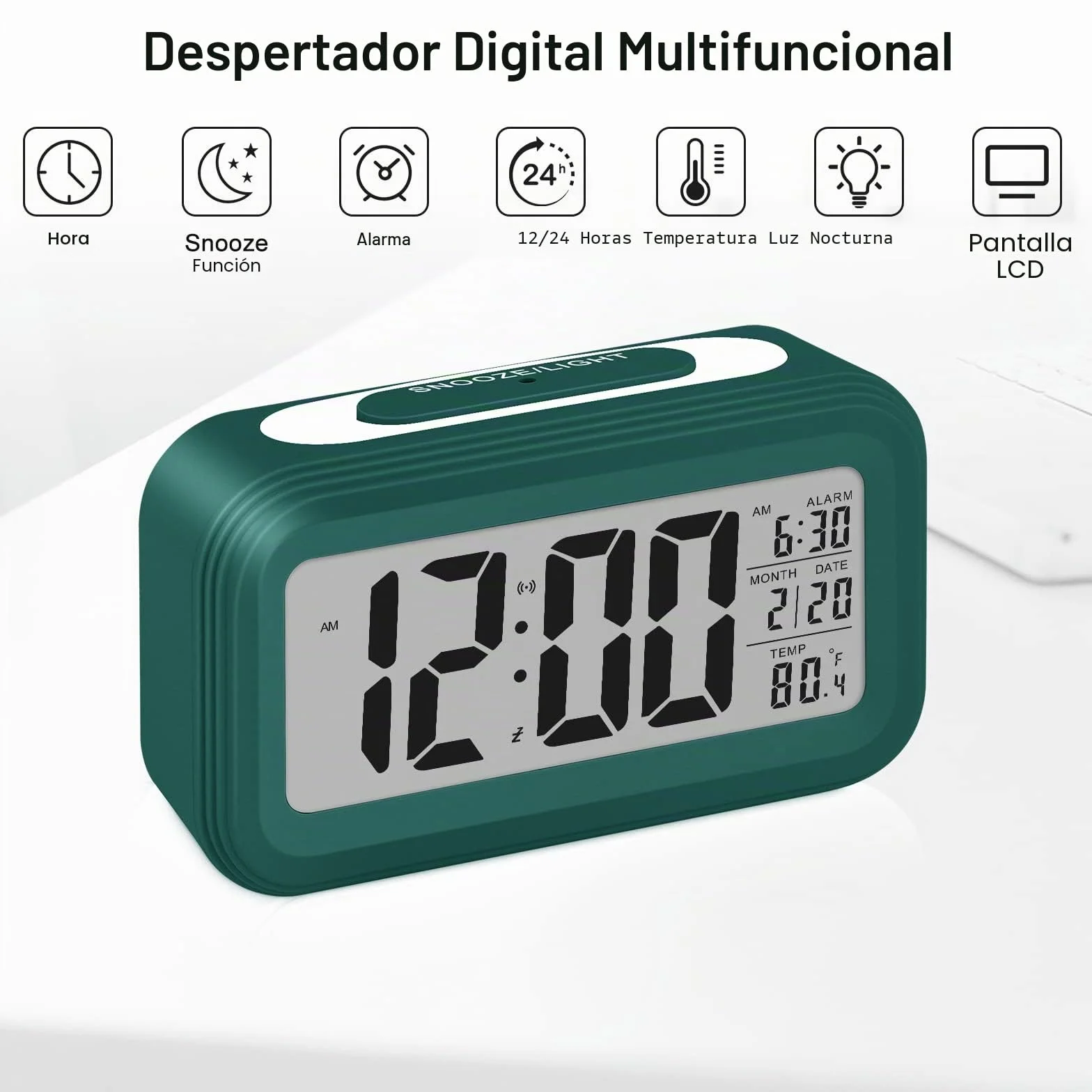 Despertador Digital Silencioso Inteligente a Baterías con LED Luminoso Función Snooze Fecha Temperatura Verde Oscuro