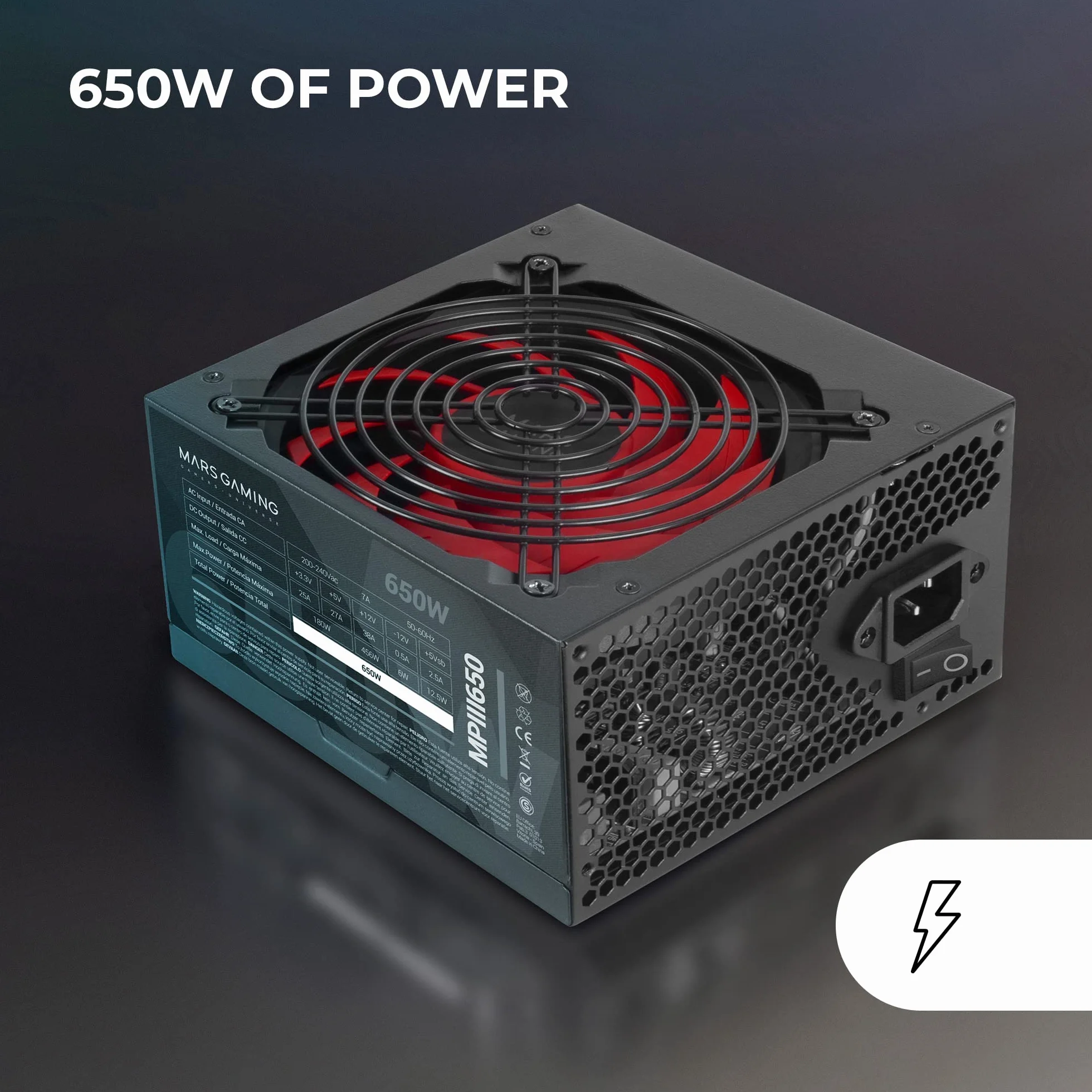 Mars Gaming MPIII650, Fuente Alimentación ATX 650W, 5 Años de Garantía, 85% Eficiencia, Sistema Digital APFC, Ventilador FDB 120mm AI-RPM, Tecnologías DC-DC y SMD, Cables Planos Extralargos, Negro