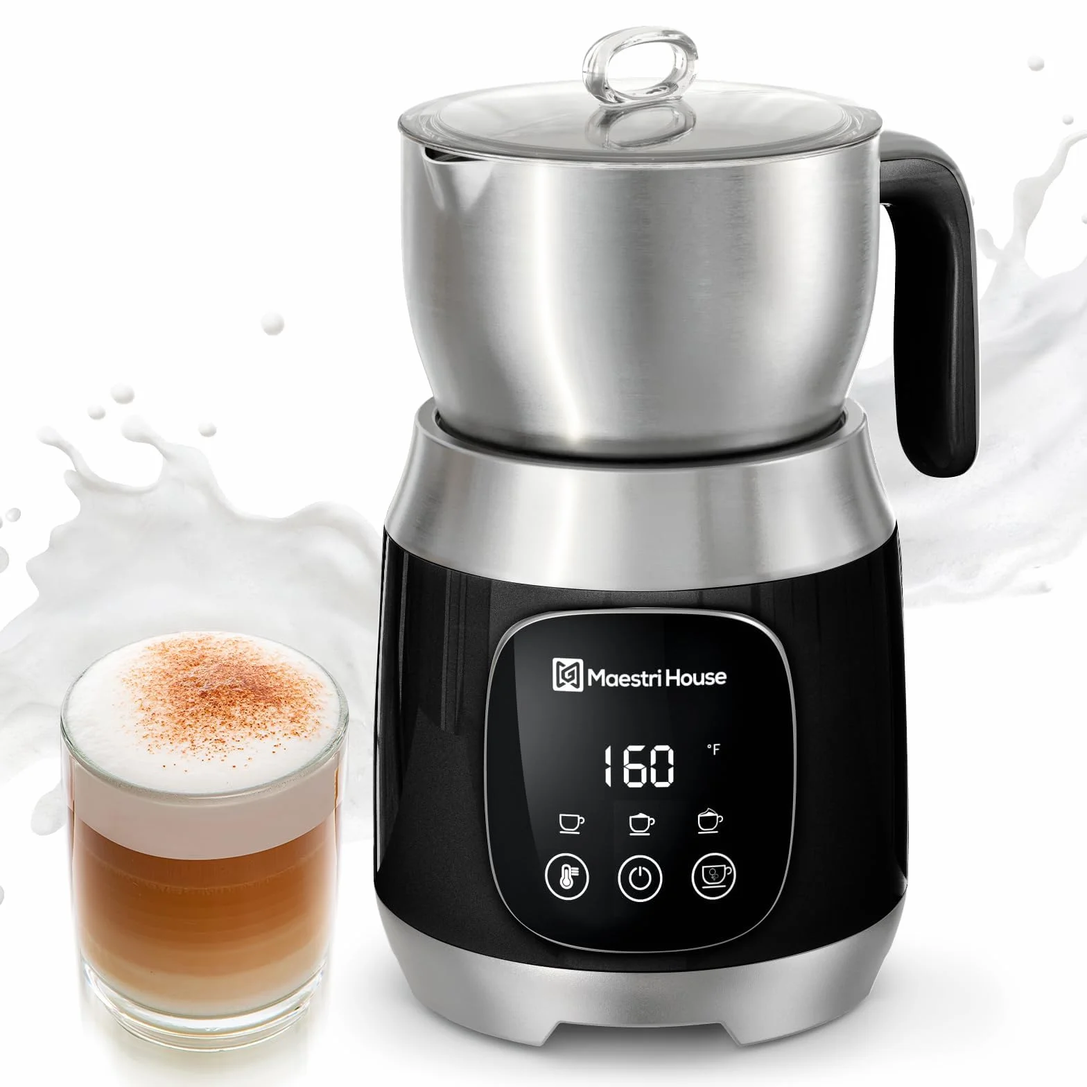 Maestri House Espumador de leche DualFro 600, 621 ml, temperatura variable, control táctil, apto para lavavajillas