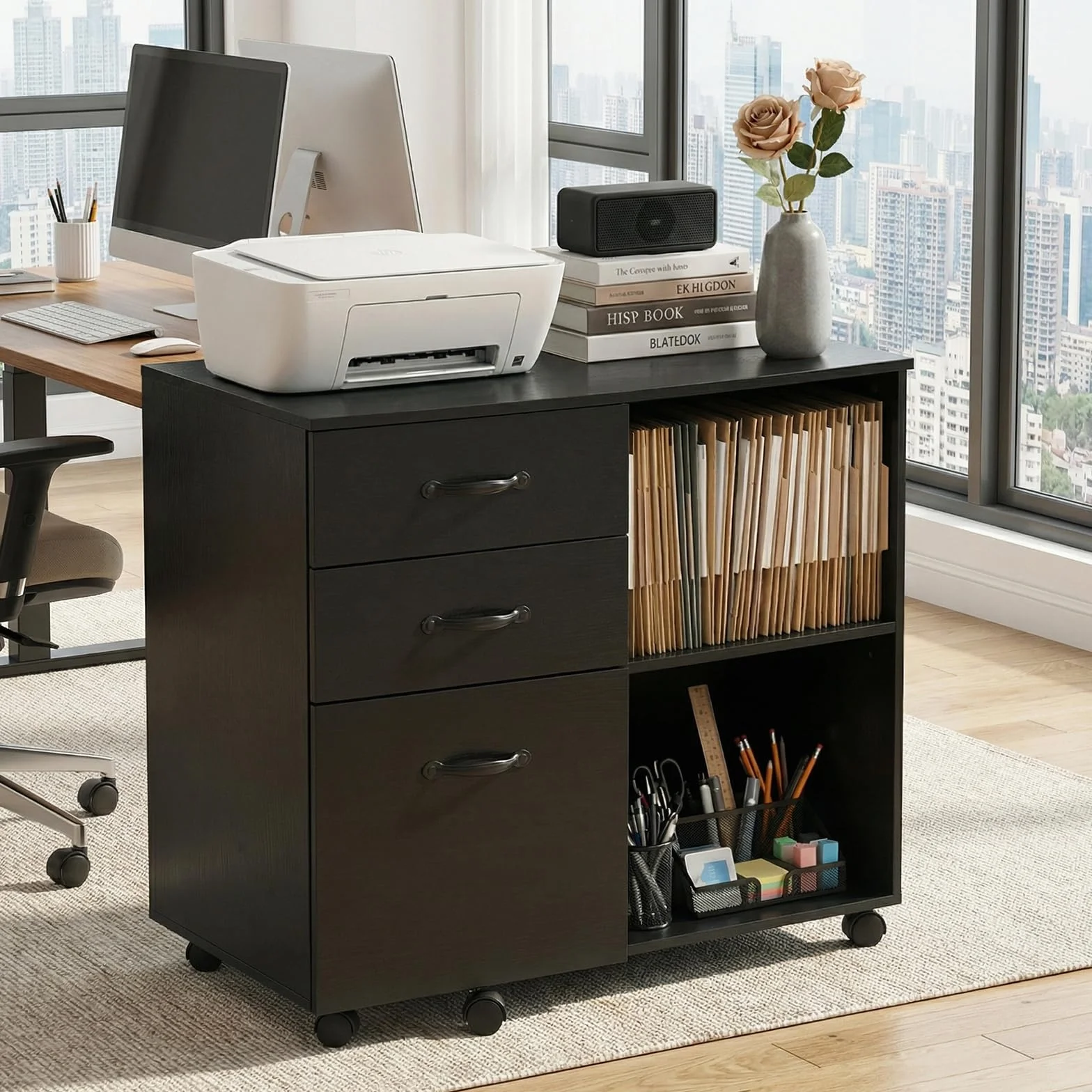 Cajonera Oficina Escritorio 3 Cajones Armario Archivador Móvil 5 Ruedas Soporte Impresora Estantes Abiertos 80x40x66cm Negro