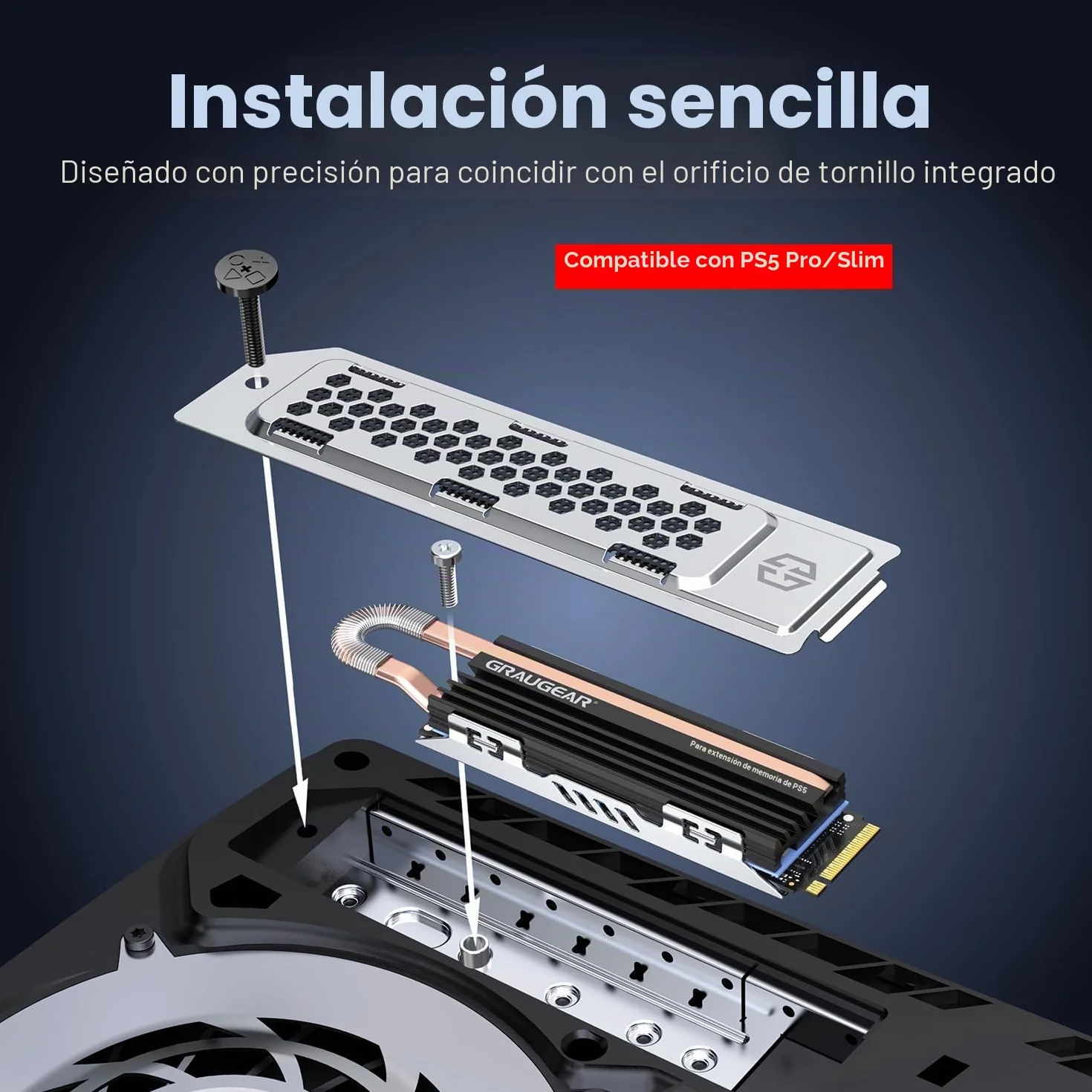GRAUGEAR HeatPipe para SSD M.2 NVMe (2280), PS5 Pro y PS5 Slim, para expansión de memoria Playstation con cubierta a prueba de polvo