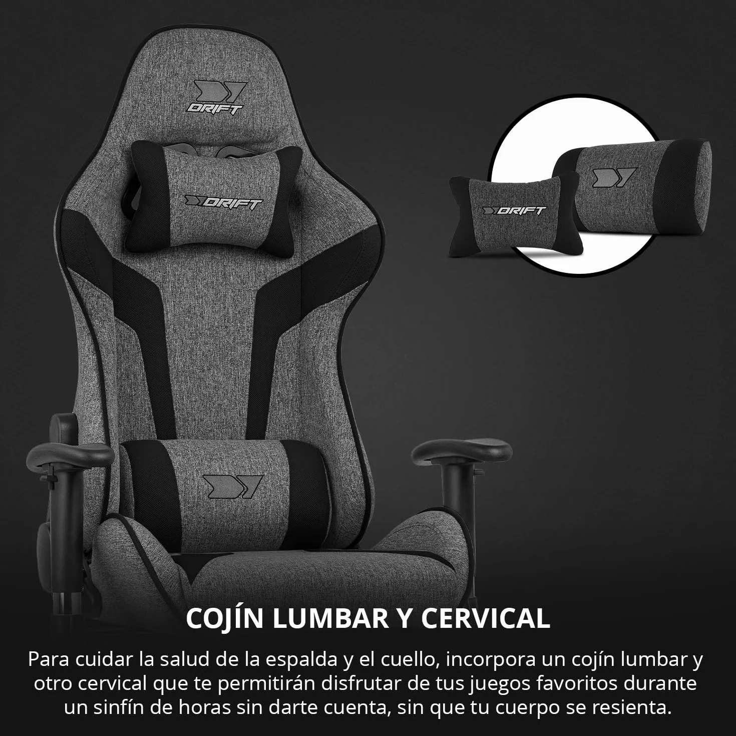 DRIFT GAMING DR90 Silla Gaming Ergonómica Respaldo Reclinable 135° Brazos 2D Ajustables Tejido Transpirable Base Nylon Pistón Gas Clase 4 Gris/Negra