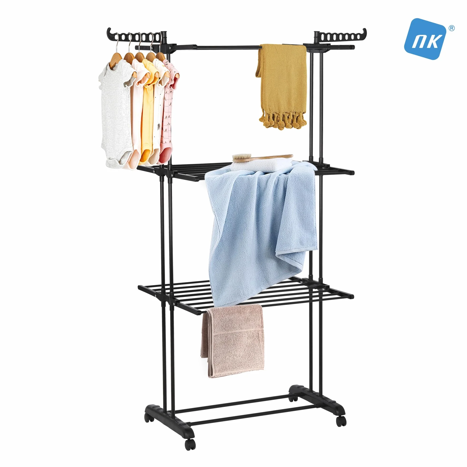 NK Tendedero Vertical Plegable 4 Niveles 6 Bandejas Retráctiles 2 Alas Laterales Zapatero Ruedas 360° Negro