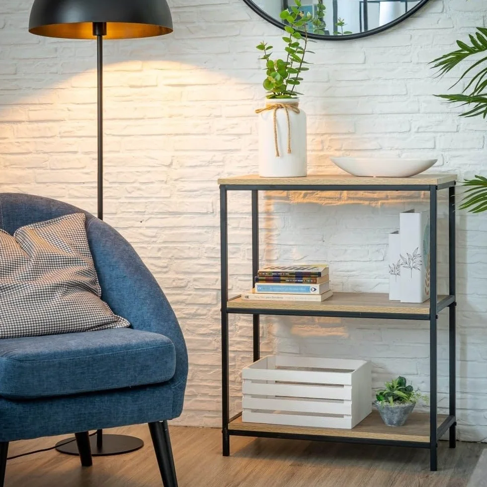 Estantería Urban LOLAhome 3 baldas Metal Negro Tablero Natural 76x60x30 cm Acero Madera laminada 15 mm