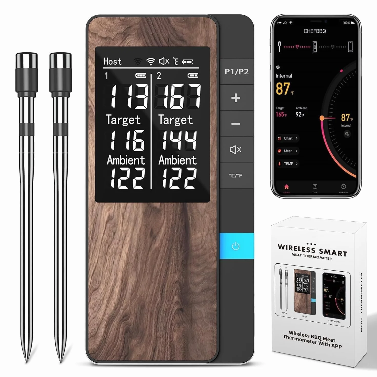 Termometro Cocina Paquete de 2, Pakinui Termometro Digital Cocina Inalámbrico con Aplicación, IP67 a Prueba de Agua Meat Thermometer, Termometro Carne para BBQ, Horno, Grill, Cocina, Asador