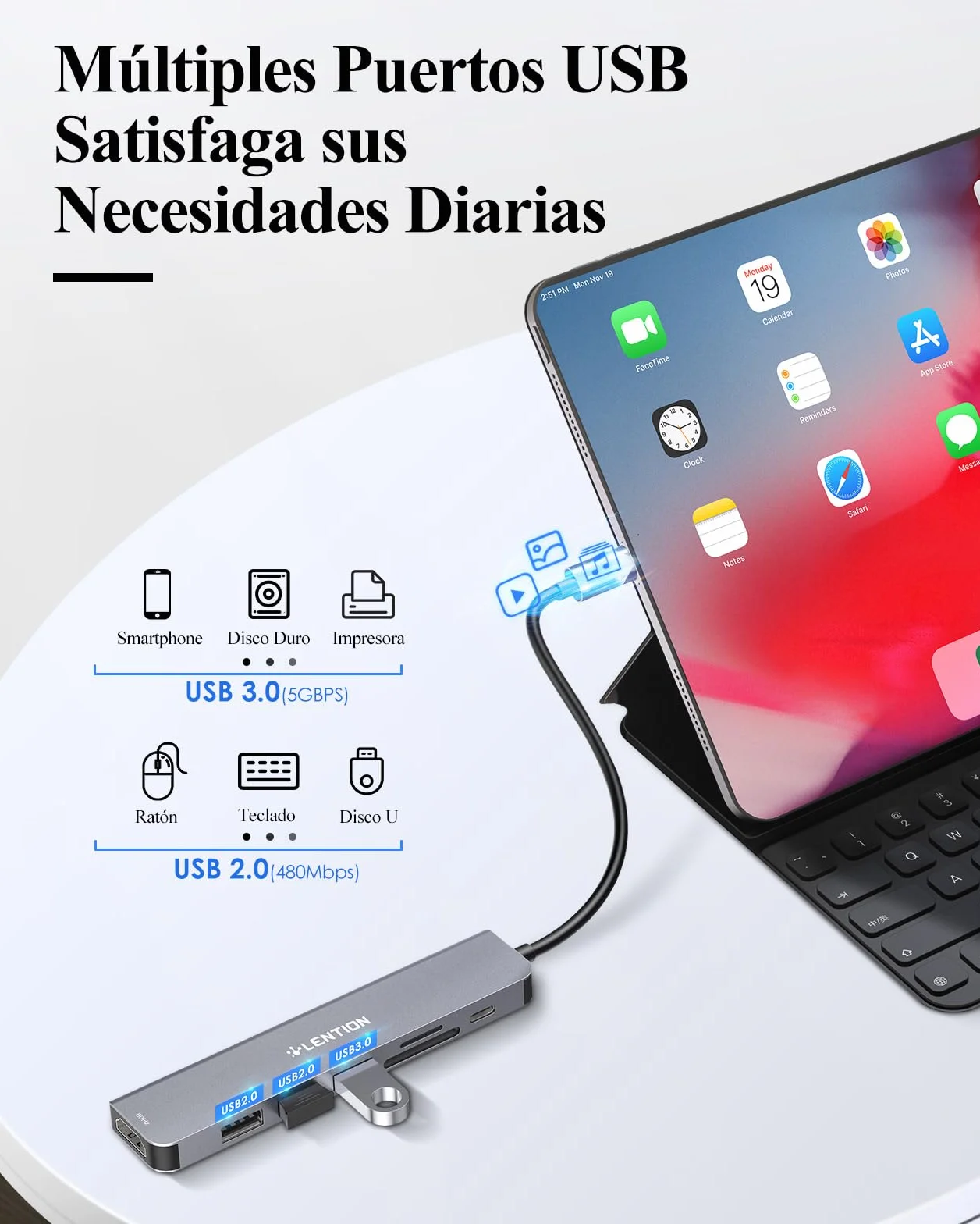 LENTION Hub USB C HDMI 4K@60Hz, PD 100W, USB 3.0 & 2.0 | Lector de Tarjetas SD/TF, Adaptador USB C 7 en 1 para MacBook Pro/Air, Nuevo iPad Pro, Surface y Más (Gris)
