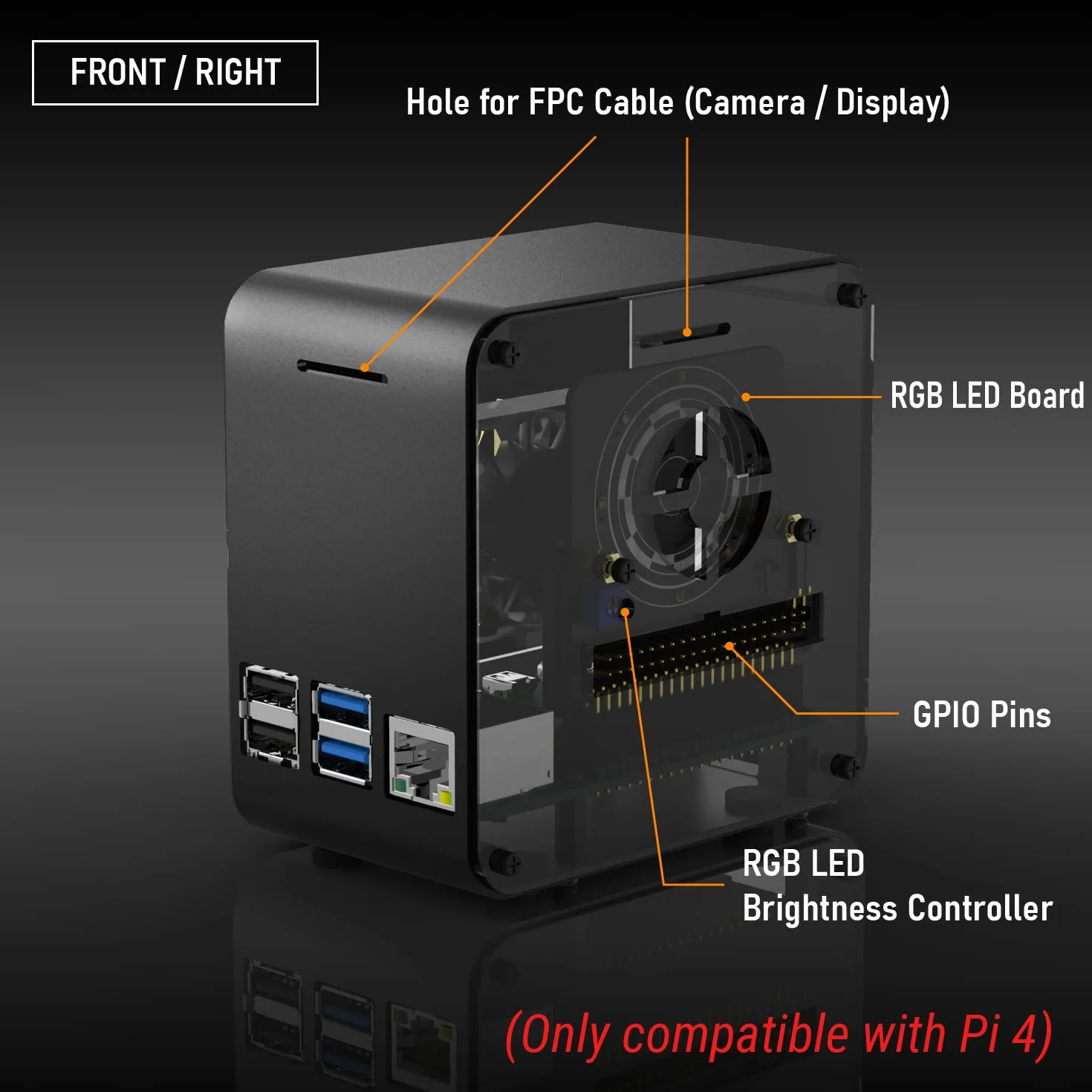 Funda ElectroCookie Raspberry Pi 4, minitorre de aluminio con ventilador de refrigeración y luz ambiental que cambia de color (negro mate y gris oscuro)
