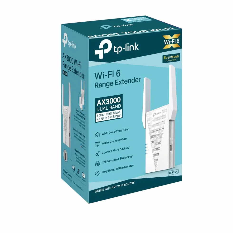 TP-Link RE715X - Repetidor WiFi 6 AX3000 Mesh Doble Banda, Amplificador WiFi Alta Velocidad hasta 3000 Mbps, Puerto Gigabit, Compatible OneMesh, Cobertura Total Hogar