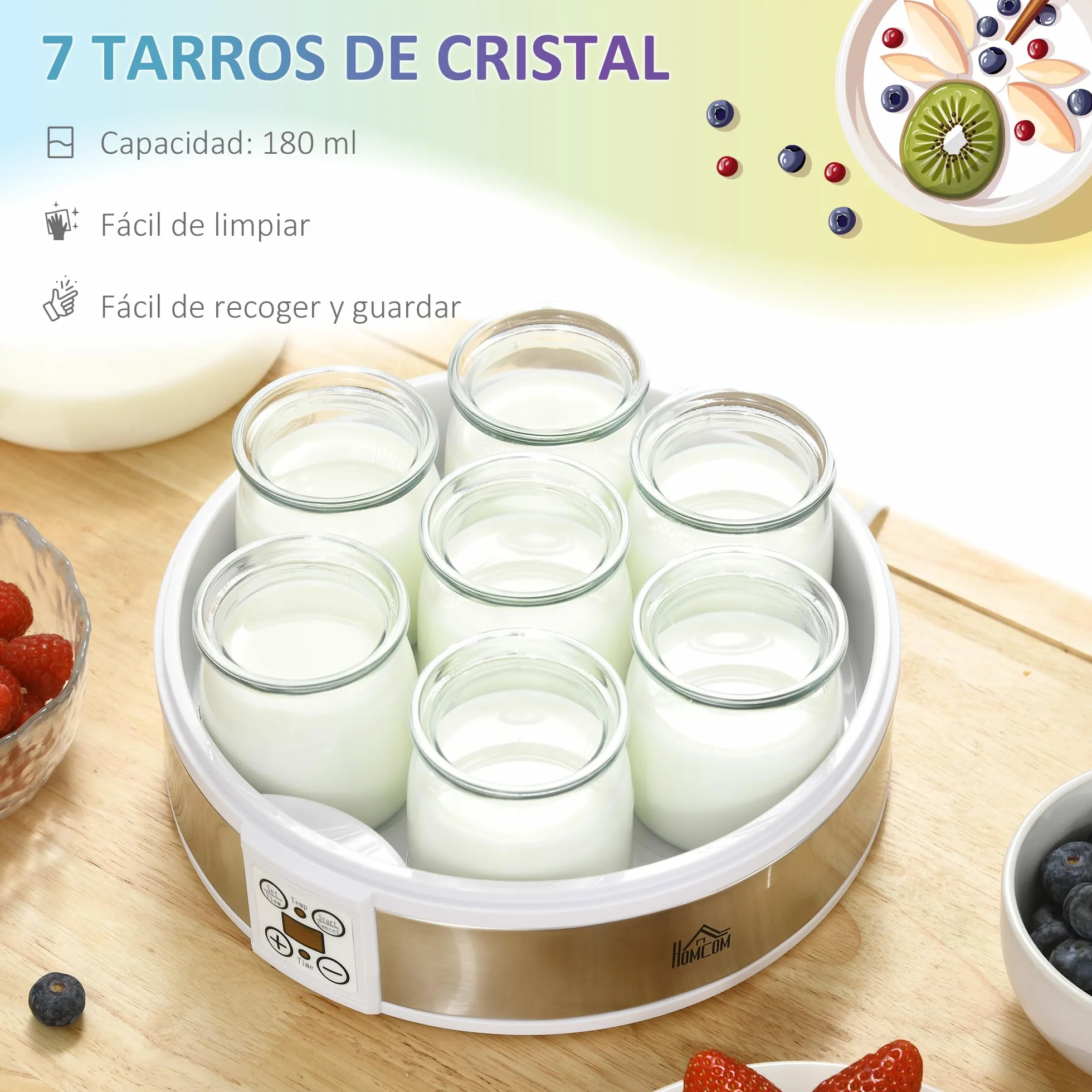 HOMCOM Máquina de Yogur 1,26L 20W 7 Tarros de Cristal 180ml Termostato Ajustable Temporizador Pantalla LED 24x24x13 cm Blanco