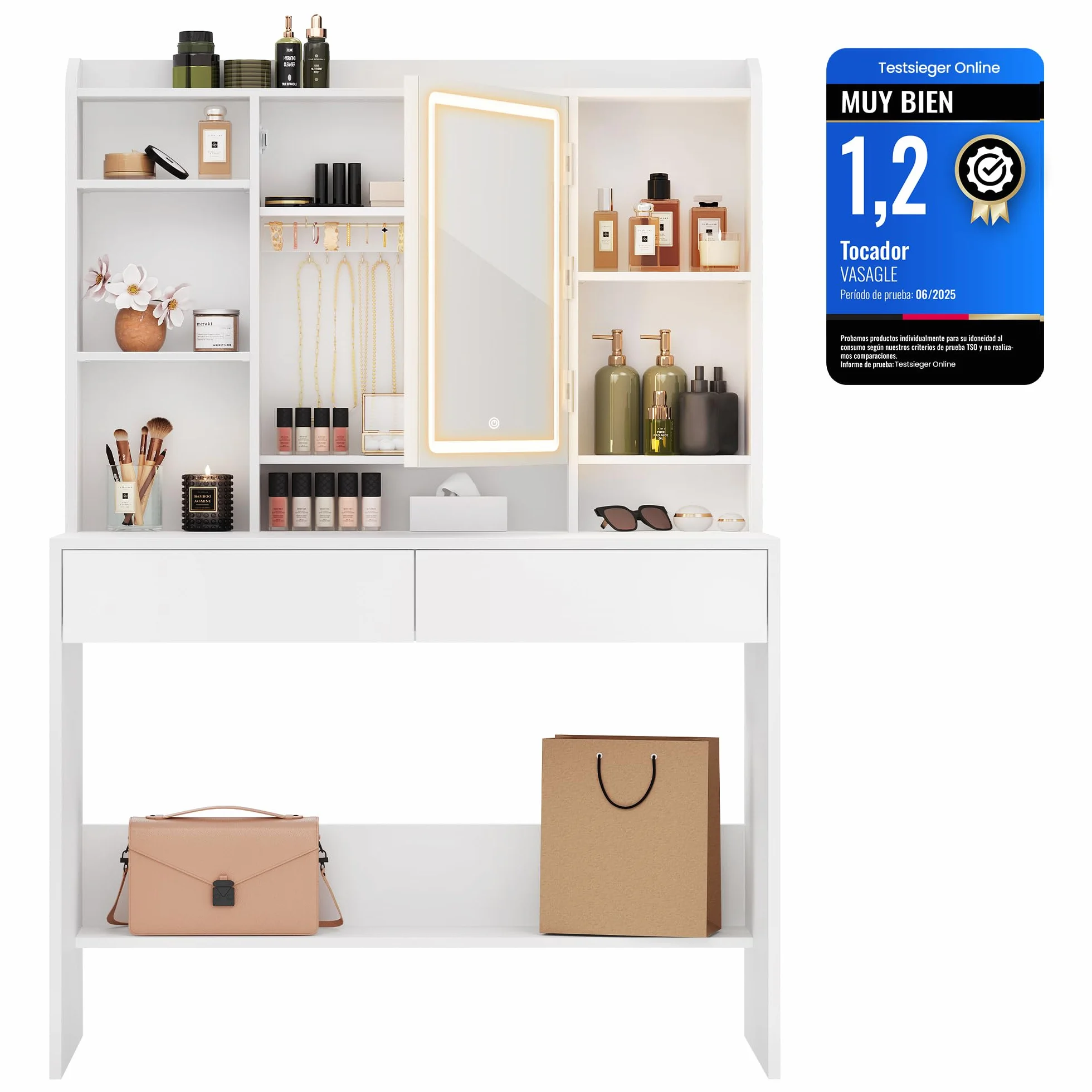 VASAGLE Kailyn Colección Tocador con Luces LED de 3 Colores Brillo Ajustable Mesa de Maquillaje Espejo Estantes Ajustables 2 Cajones Blanco