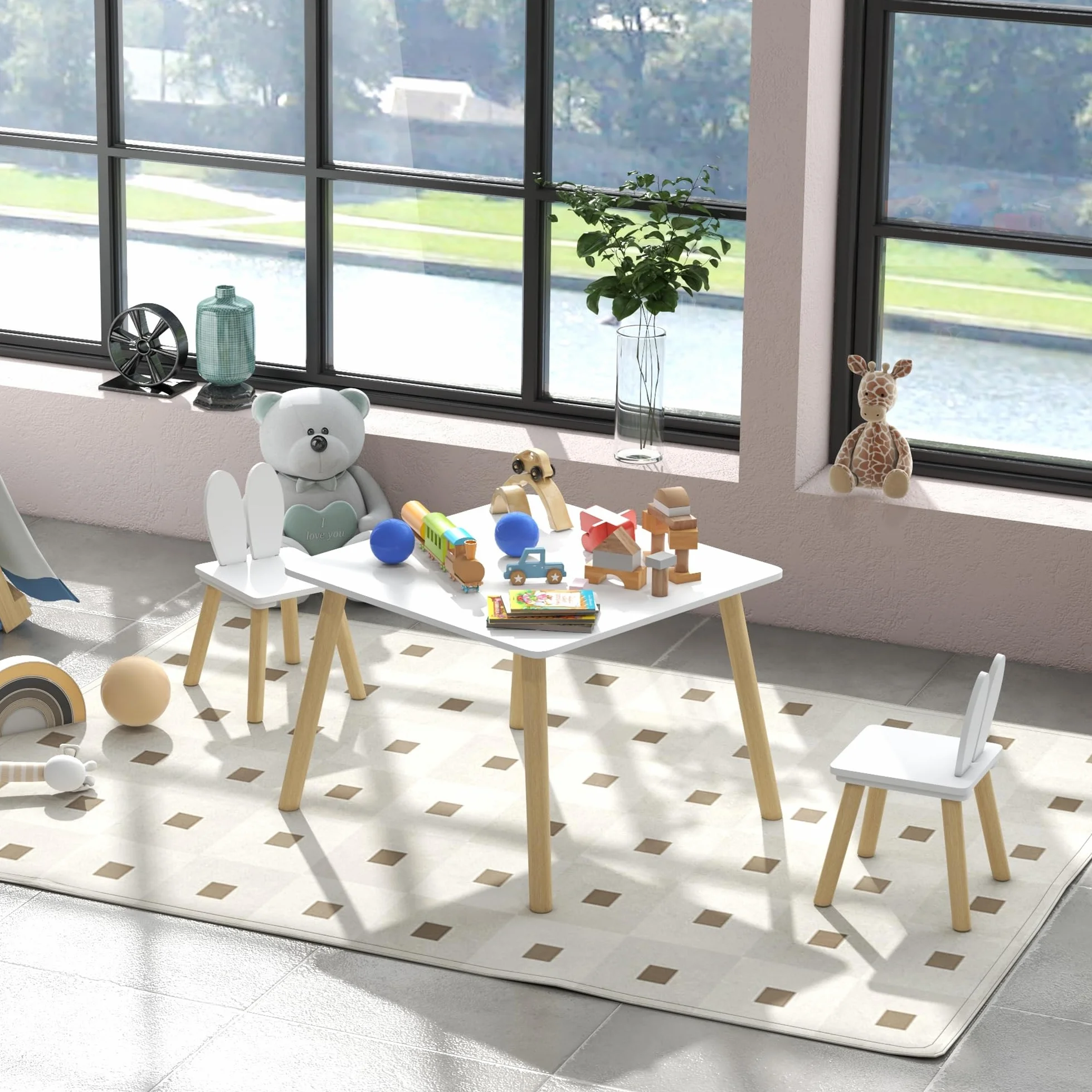AIYAPLAY Juego de Mesa y 2 Sillas Infantiles con Orejas de Conejo Blanco