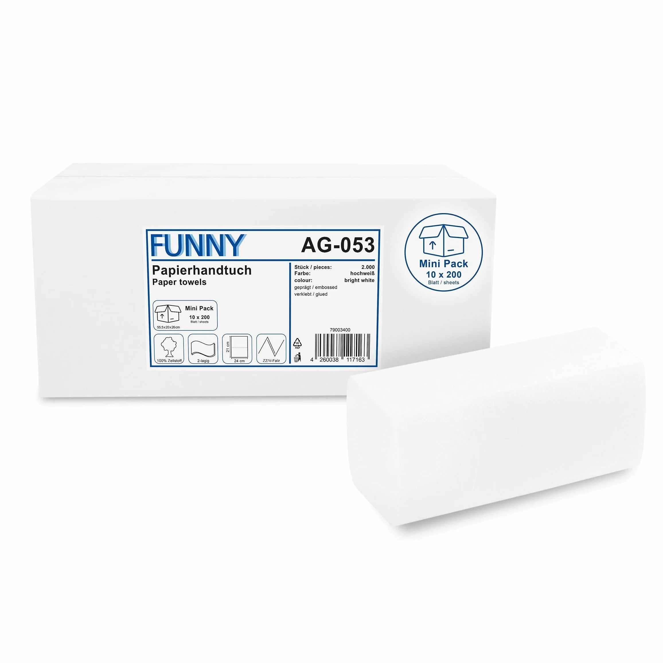 Funny Toallas de papel de 2 capas, pliegue en forma de V, 24 x 21 cm, color blanco brillante, paquete mini, 2000 hojas