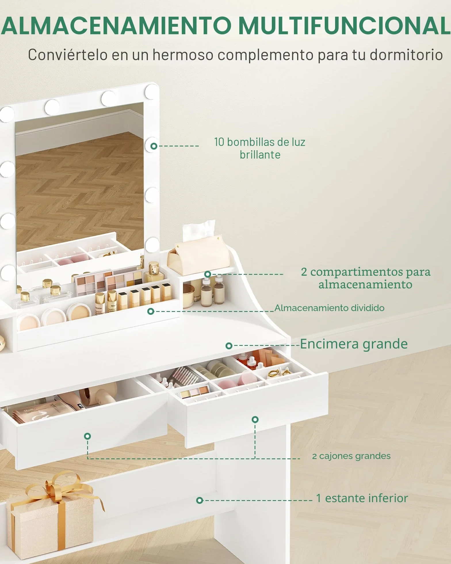 Hzuaneri Mesa de Maquillaje 90cm con Iluminación LED Brillo Ajustable Tocador Espejo 2 Cajones Blanco