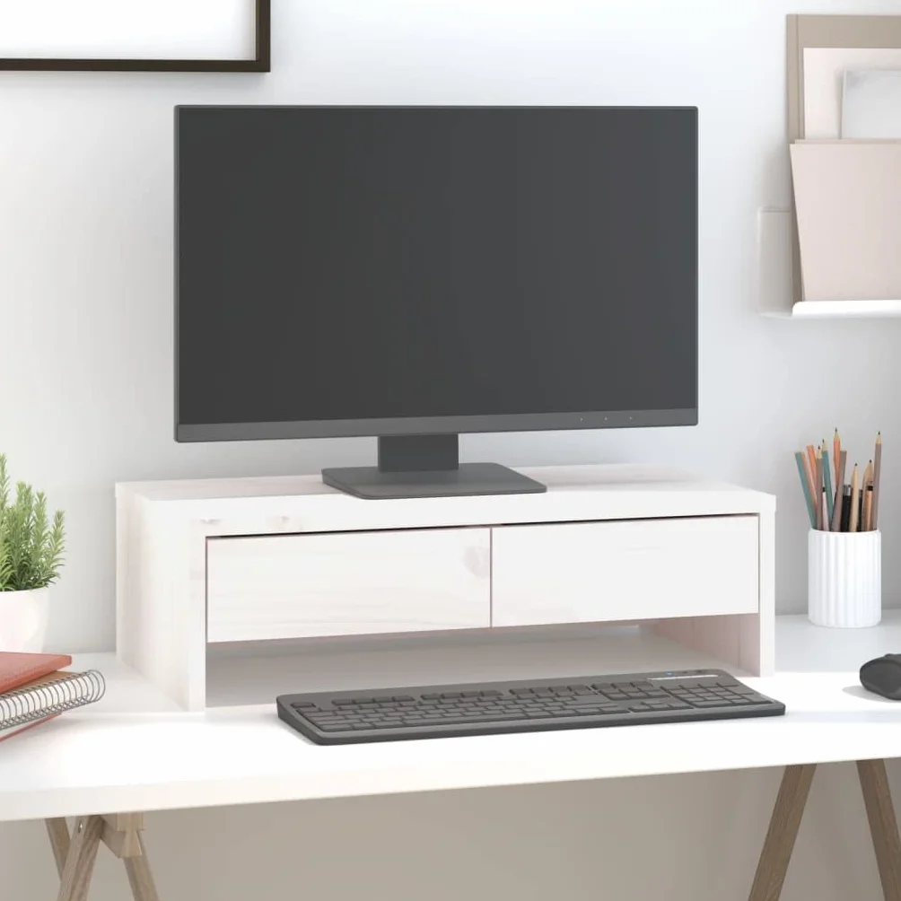 Soporte para monitor (50 x 27 x 15 cm, madera de pino sólida, elevador de monitor, soporte con 2 cajones para pantalla de ordenador para escritorio y dormitorio