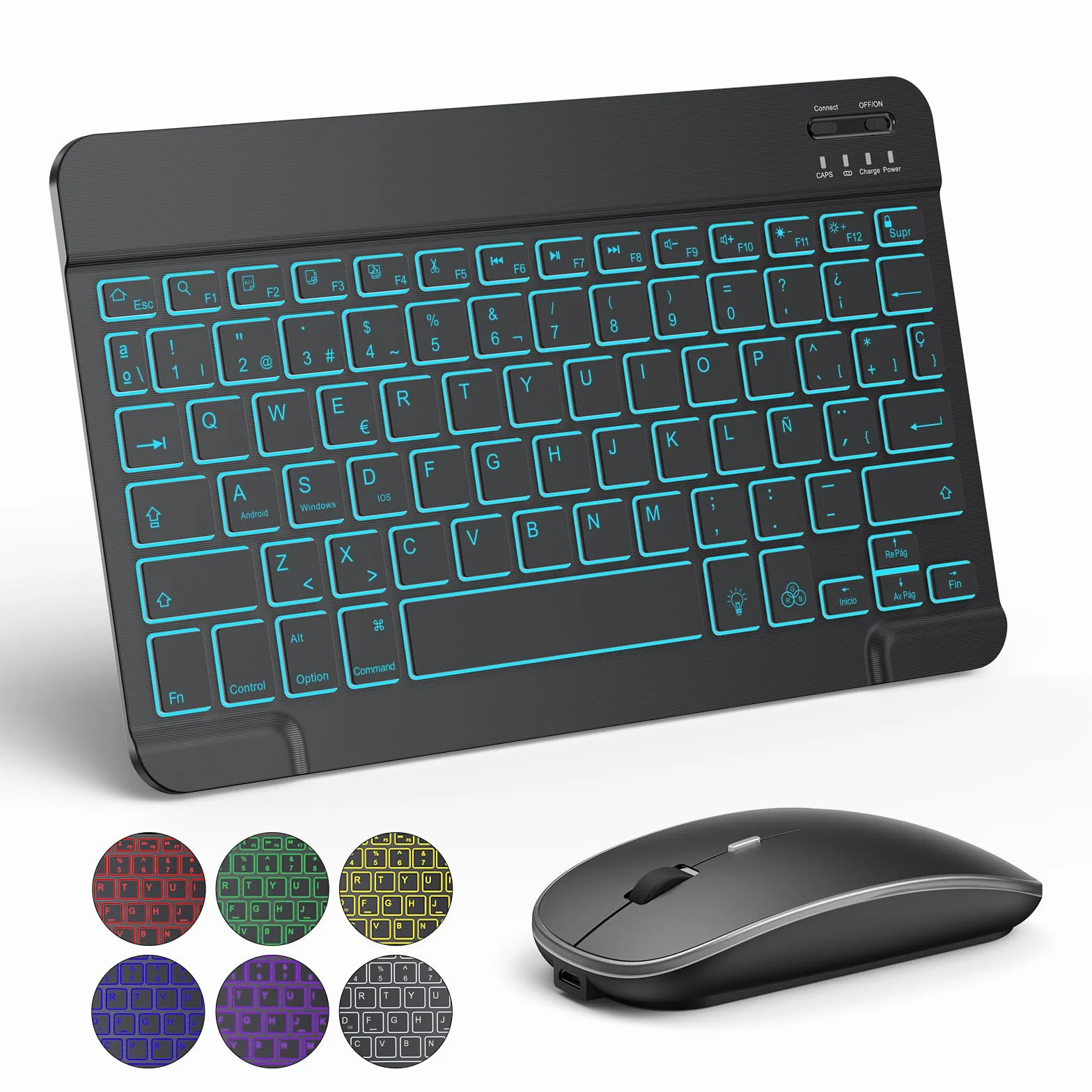 TECURS Teclado y Ratón Inalámbrico, Teclado Español para iPad/Samsung/iPhone Tablet Silencioso Retroiluminado, Teclado y Ratón Bluetooth Ligero Recargable Portátil QWERTY para iOS, Windows, Android