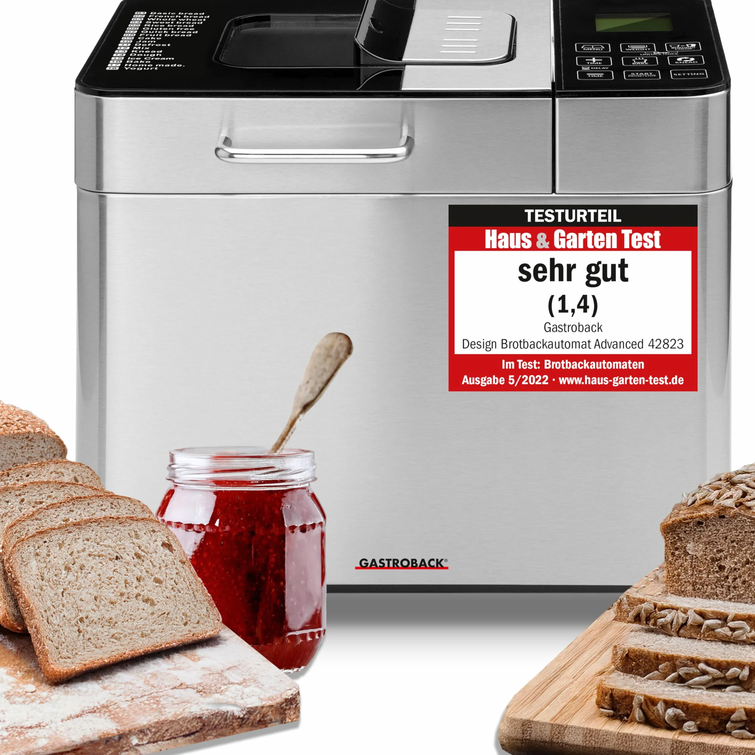 Gastroback 42823- Panificadora semi profesional (Negro, Metálico, 1 kg, Pastel de masa, Pan francés, Masa para pizza, Pan de trigo, 500 g, Sensor, 15 min)
