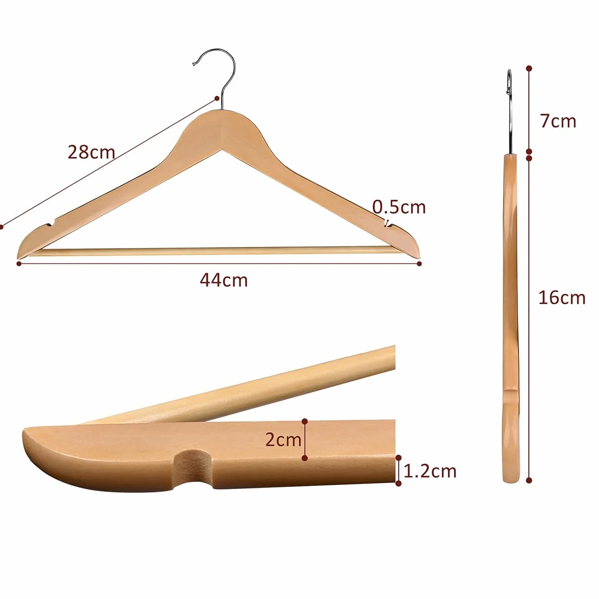 Perchas para Ropa de Madera Natural con Muescas Antideslizantes y Gancho Giratorio - Pack 20