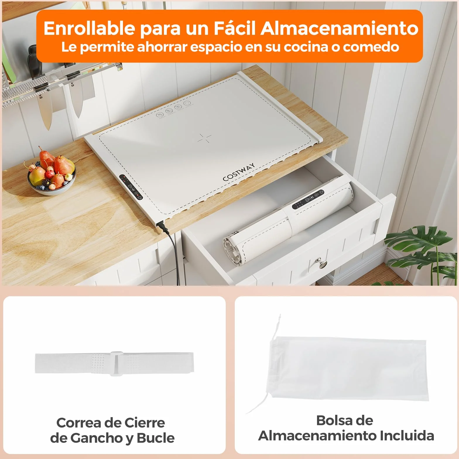 COSTWAY Manta Eléctrica Calentar Alimentos, Bandeja Silicona Enrollable Portátil, Calentamiento Rápido, Apagado Automático Bloqueo Niños Blanco