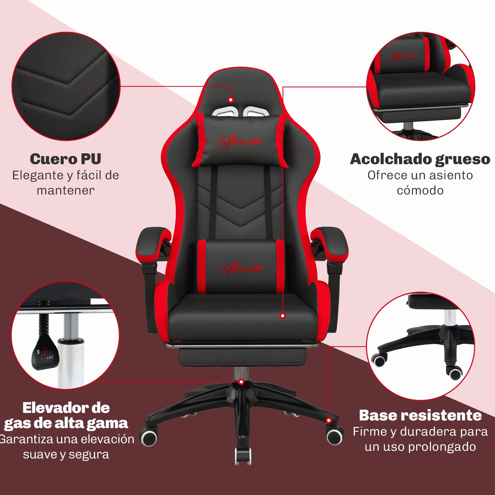Vinsetto Silla Gaming Ergonómica de Cuero PU Reclinable 135° Soporte Lumbar Altura Ajustable Reposacabezas Reposapiés Retráctil Negro y Rojo