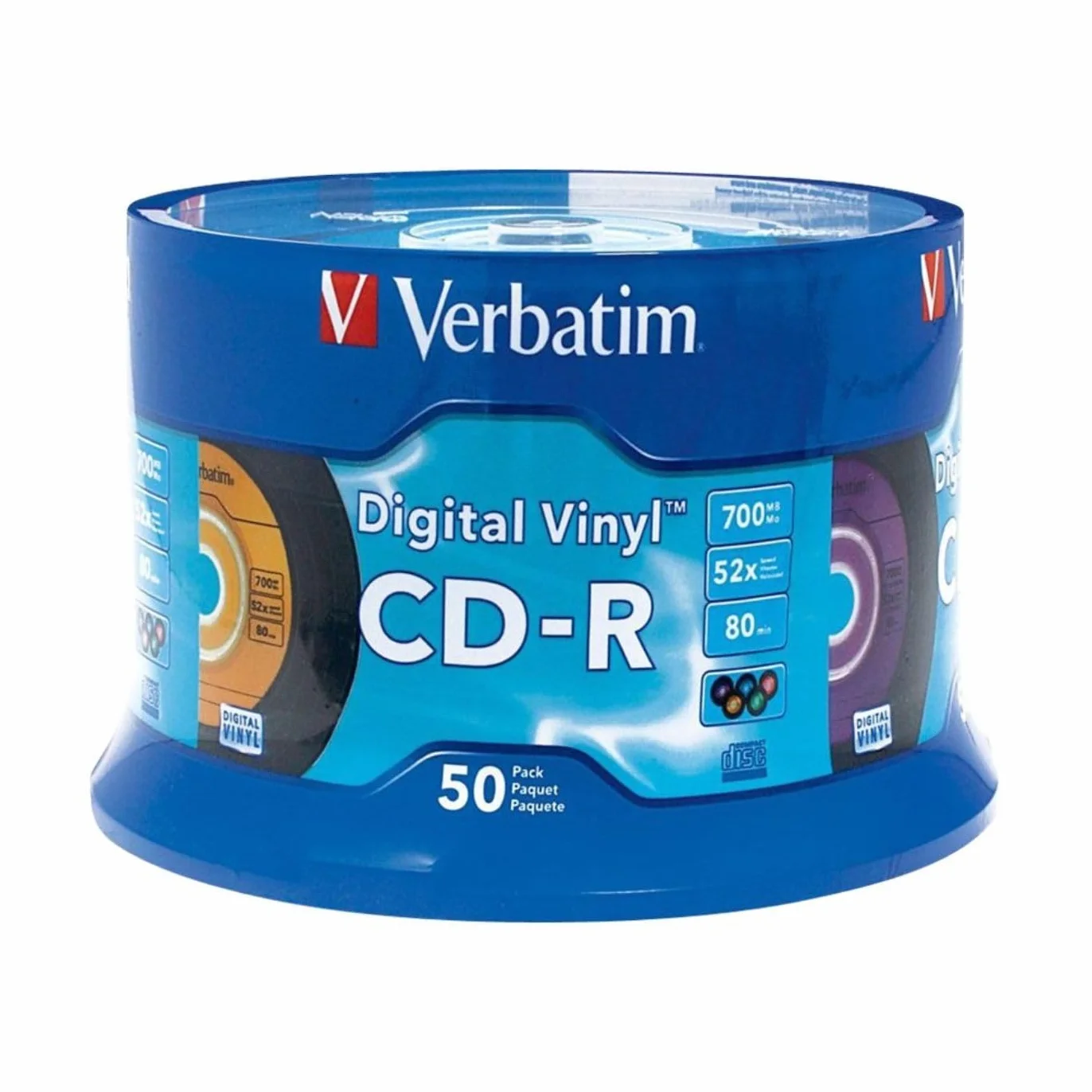 Verbatim CD-R - Discos en Blanco de 700 MB, 80 Minutos, 52 Unidades, Disco grabable para Datos y música con Superficie de Vinilo Digital, Paquete de 50 Unidades, Azul/Verde/Naranja/Rosa/Morado