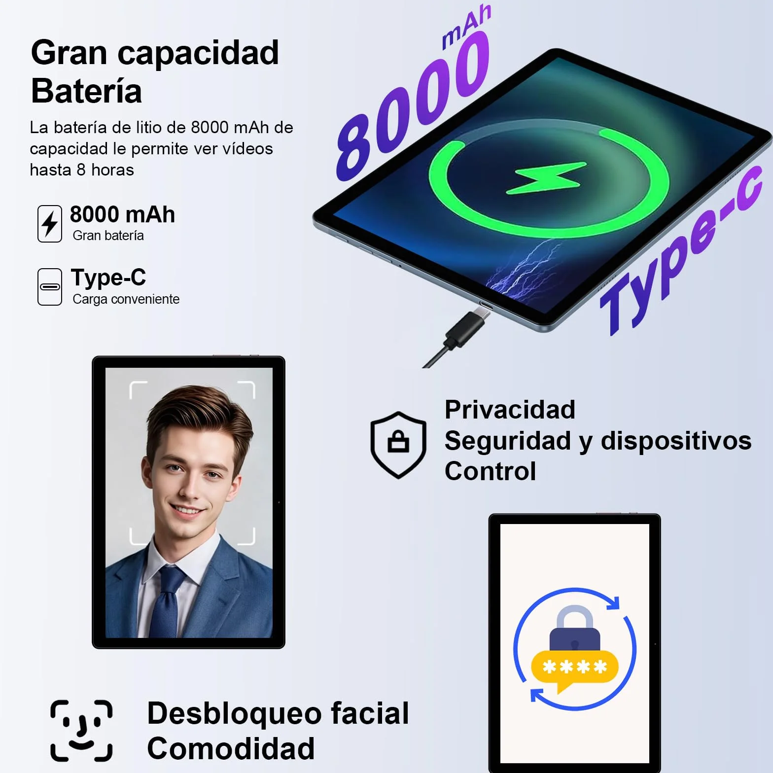Tablet 10 Pulgadas Android 14, 22GB RAM+128GB ROM Octa-Core, 5G WiFi, 8000 mAh, 1TB TF, Gris
